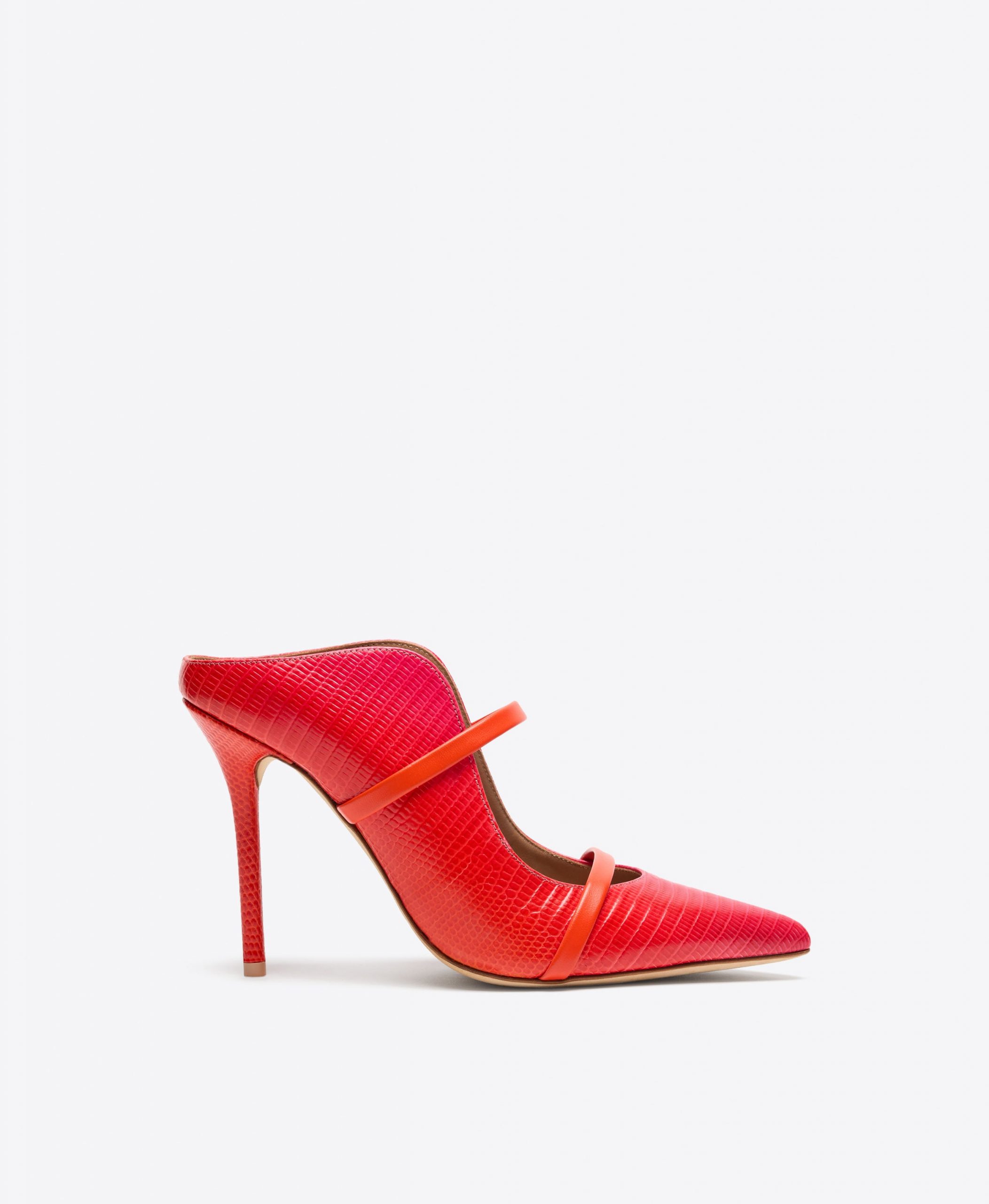 Malone Souliers Maureen 100 Orange & Pink Embossed Leather Heeled Mules