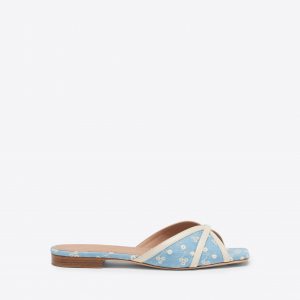 Malone Souliers Perla Blue Floral Denim Flat Sandals