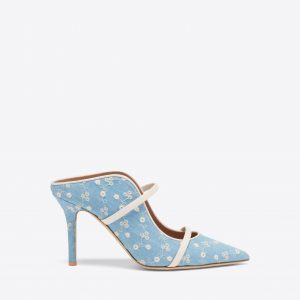 Malone Souliers Maureen 85 Blue Floral Denim Heeled Mules