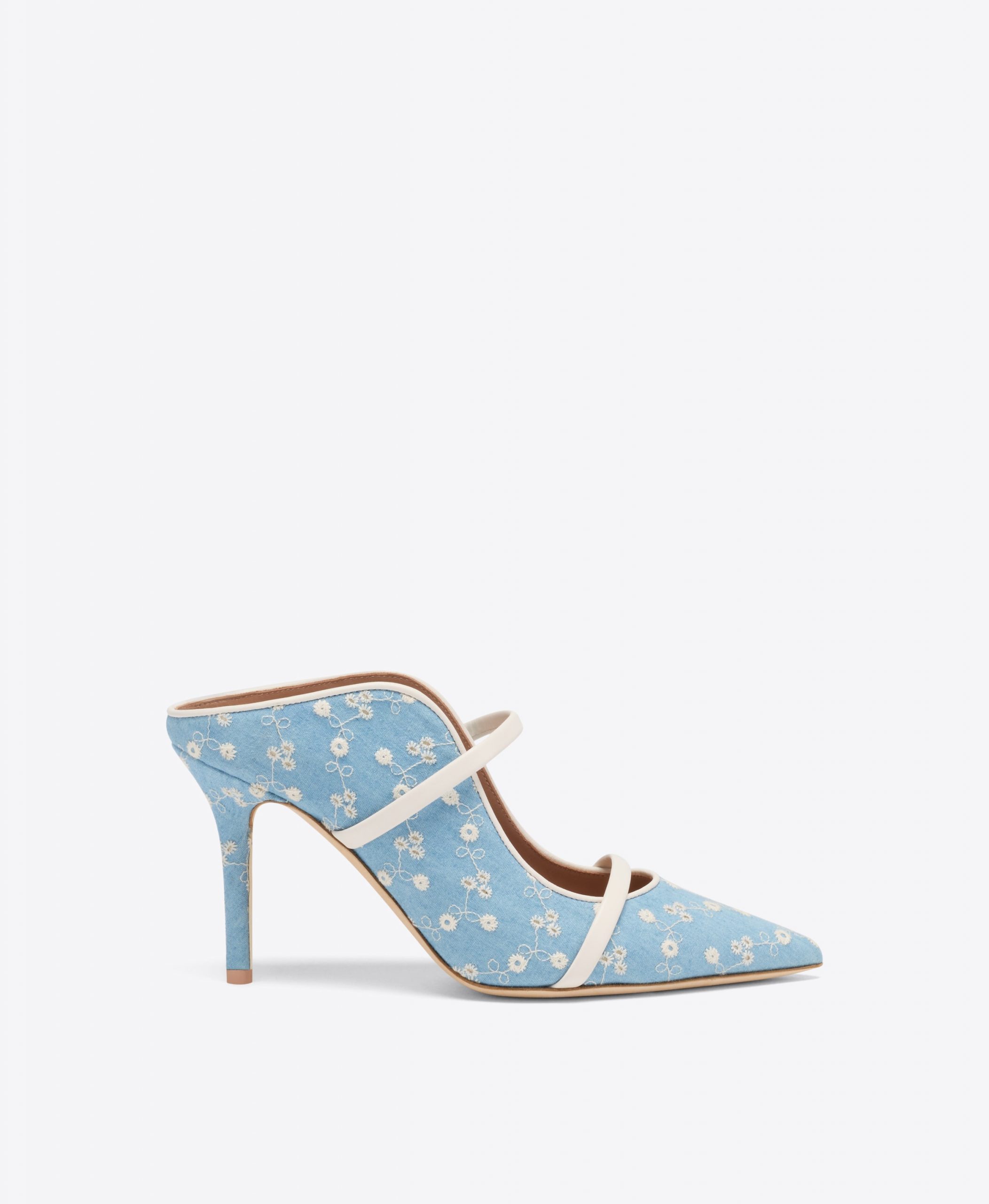 Malone Souliers Maureen 85 Blue Floral Denim Heeled Mules