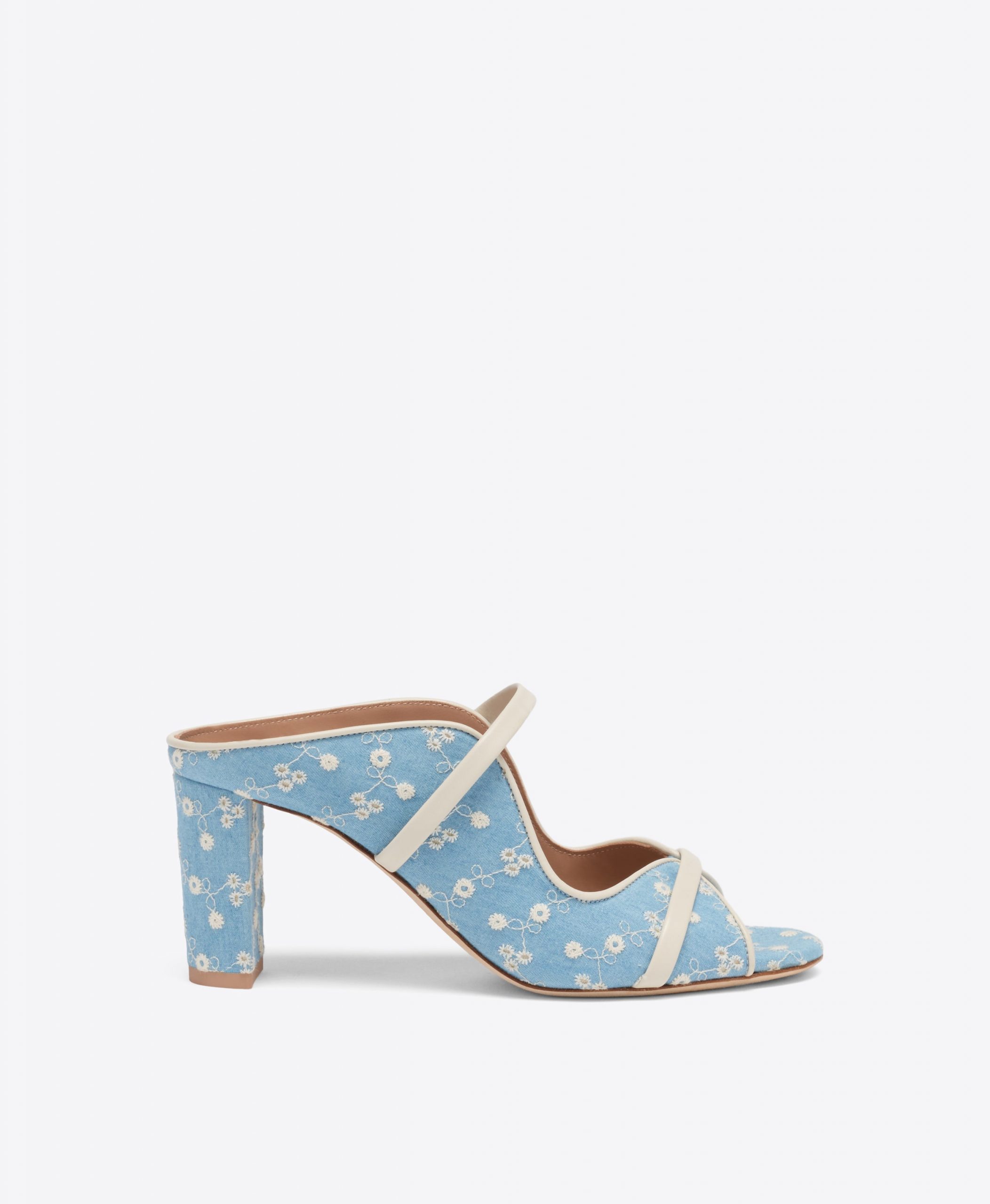 Malone Souliers Norah 70 Blue Floral Denim Heeled Sandals