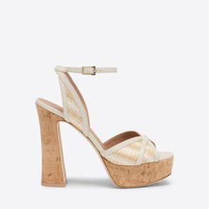 Malone Souliers Sylvie 125 White Stripe Raffia Platform Sandals