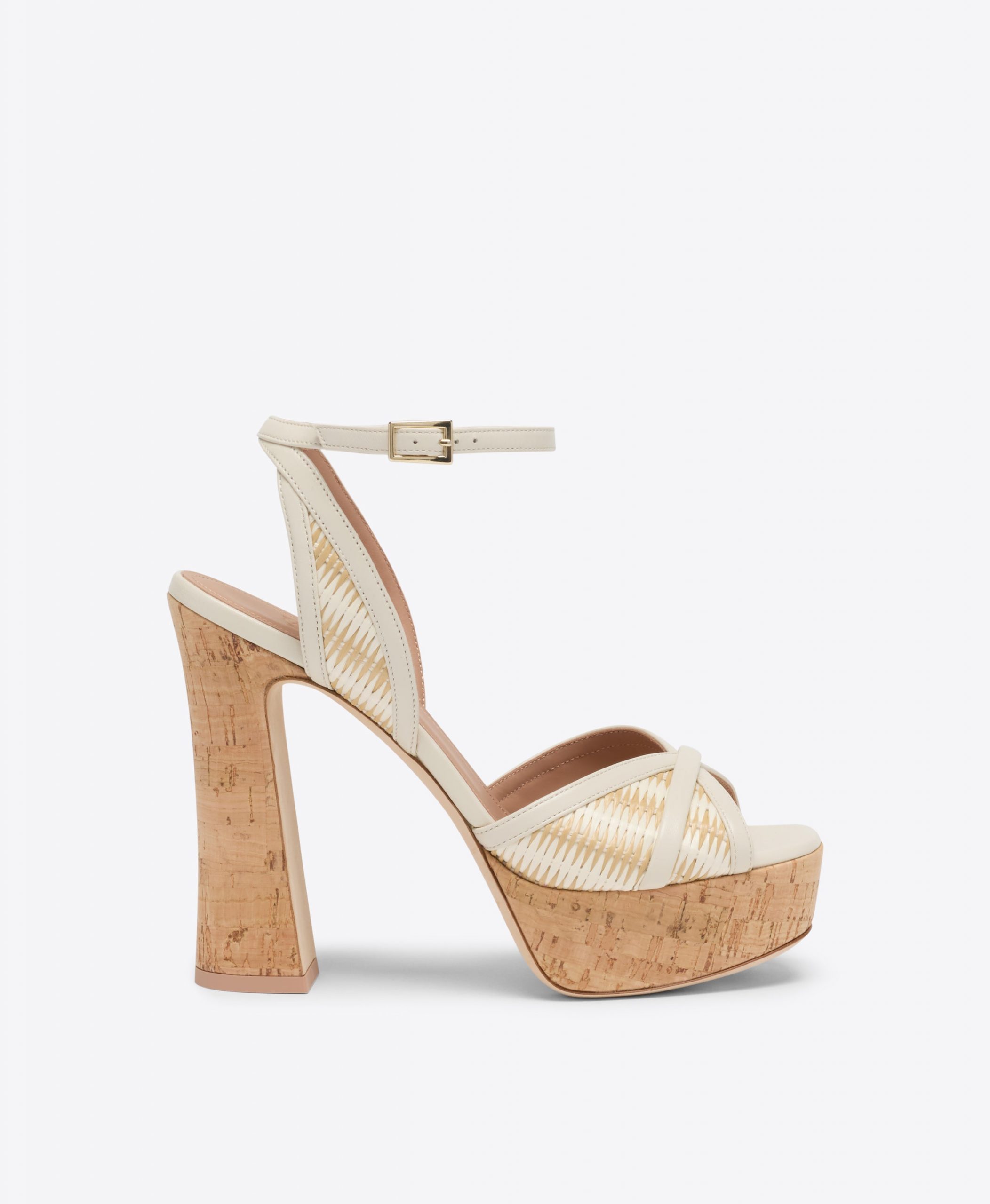 Malone Souliers Sylvie 125 White Stripe Raffia Platform Sandals