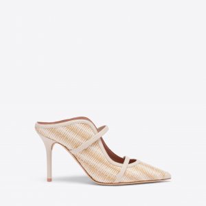 Malone Souliers Maureen 85 White Stripe Raffia Heeled Mules