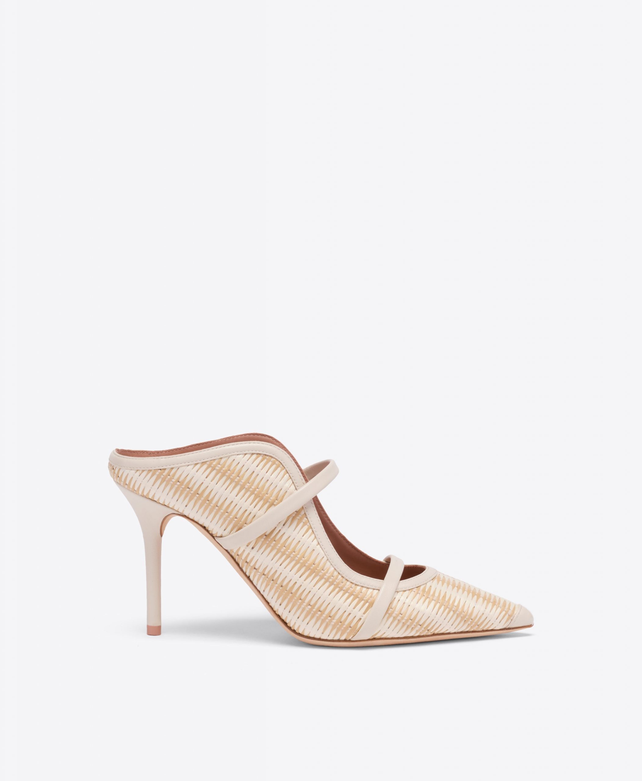 Malone Souliers Maureen 85 White Stripe Raffia Heeled Mules