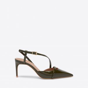 Malone Souliers Valeria 70 Dark Green Patent Heeled Slingbacks