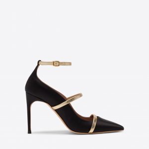 Malone Souliers Diaz 90 Black & Gold Satin Heeled Pumps