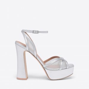 Malone Souliers Sylvie 125 Silver Metallic Mesh Platform Sandals
