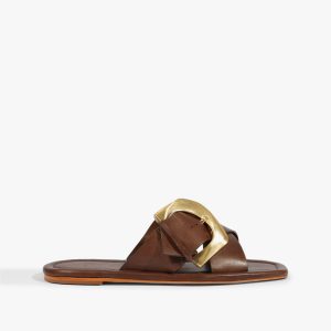 Schutz Shoes Lois Brown Leather Flat Sandal
