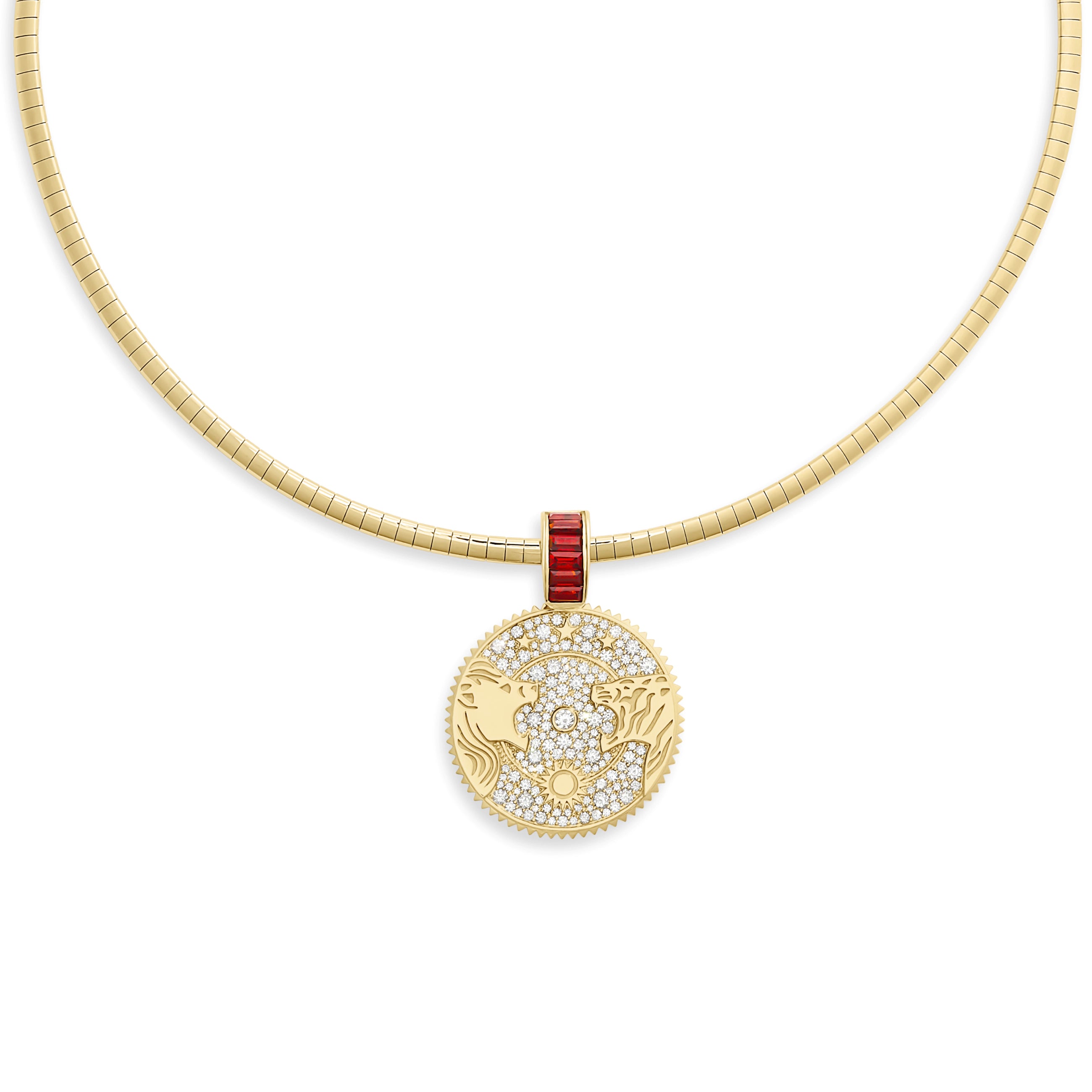 Foundrae Strength | Solar & Lunar Small Sleek Collar Necklace| Diamonds, Garnet, Yellow Gold