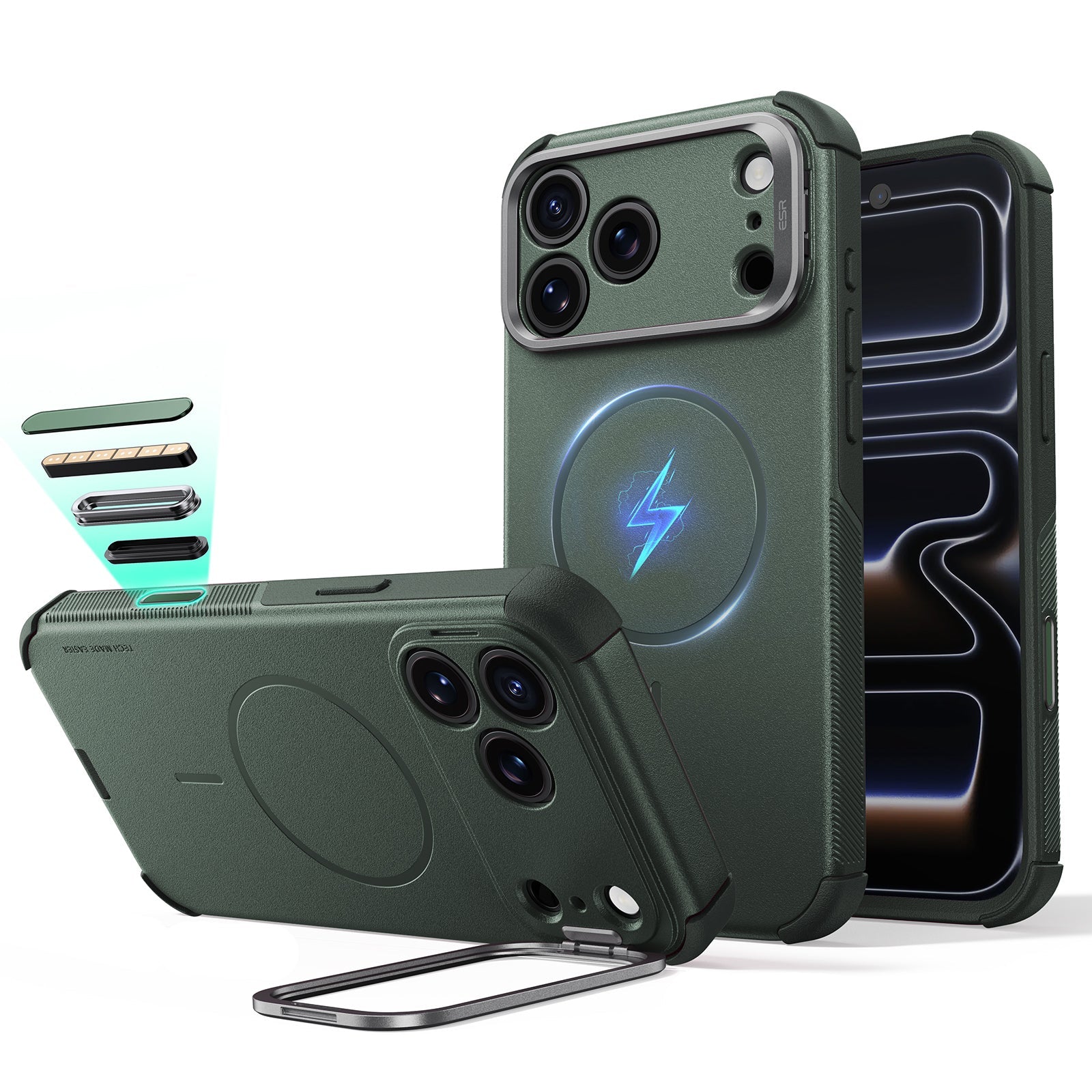 ESR iPhone 2026 Pro Cyber Tough Magnetic Case with Camera Control and Flex Stand - Olive Green