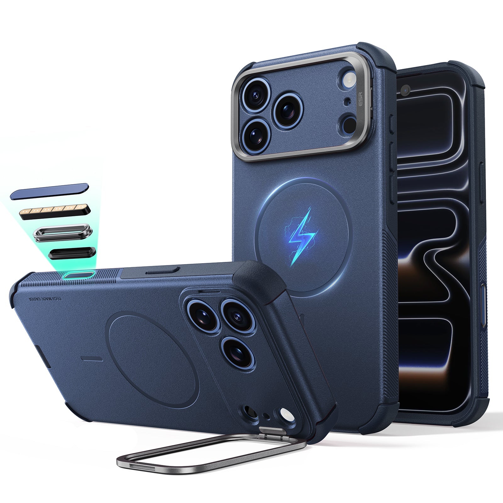 ESR iPhone 2026 Pro Cyber Tough Magnetic Case with Camera Control and Flex Stand - Navy Blue