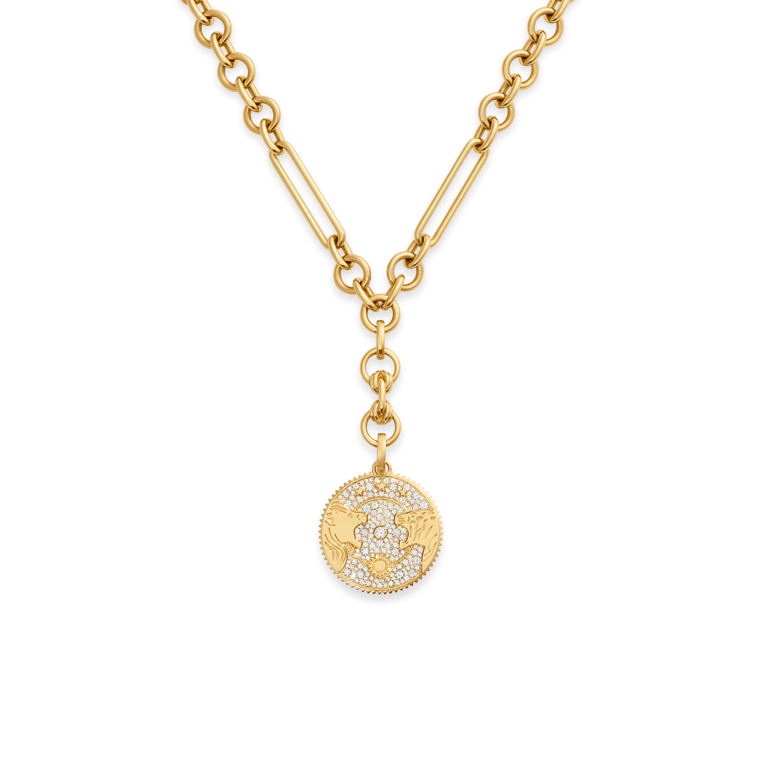 Foundrae Strength | Pavé Solar & Lunar Midsize Mixed Clip Extension Necklace| Diamonds, Yellow Gold