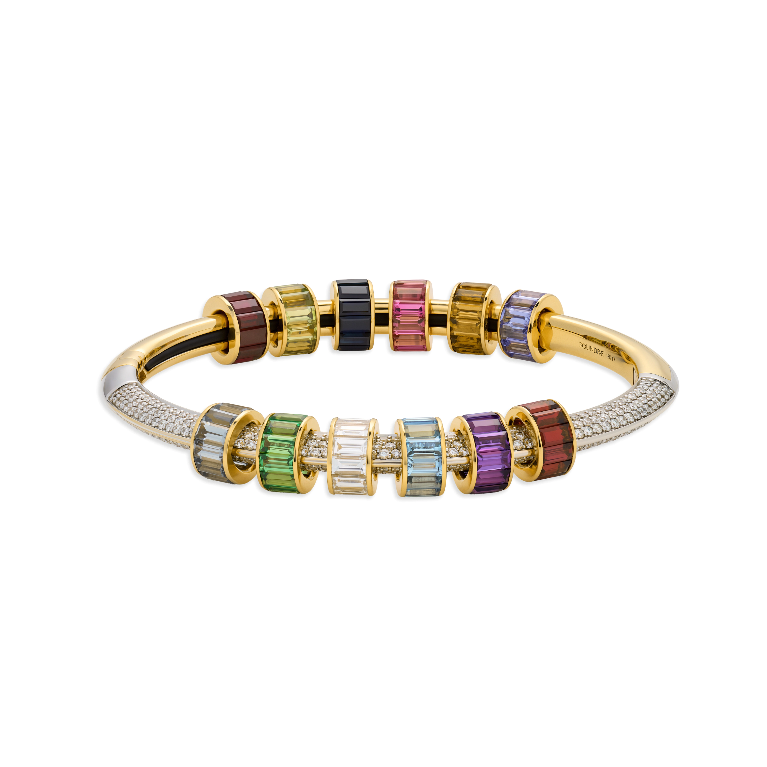 Foundrae True Love | Baguette Birthstones Pavé Strong Heart Bangle | Multi-Stone, Yellow Gold