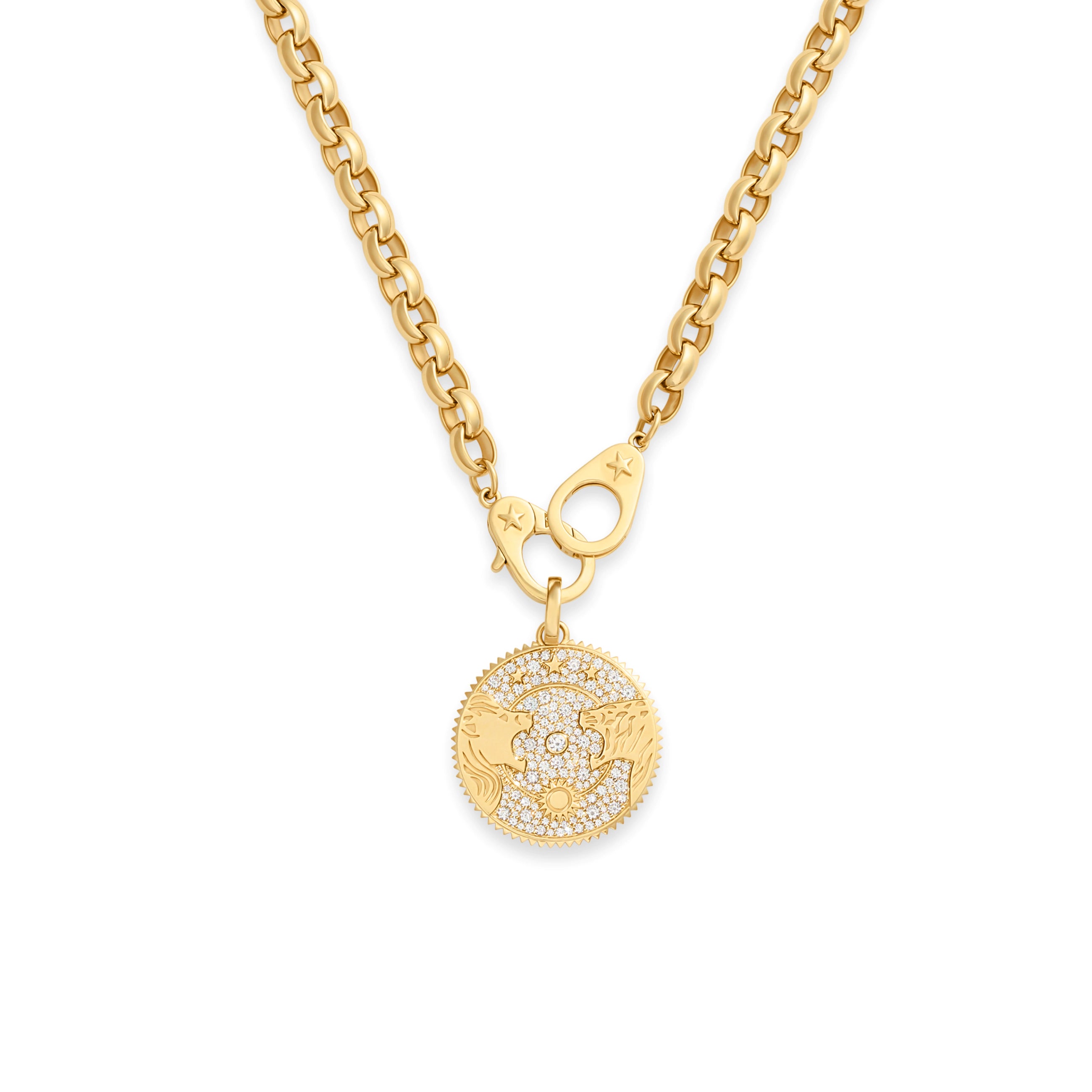 Foundrae Strength | Pavé Solar & Lunar Oversized Belcher Necklace with Sister Hooks | Diamonds, Yel
