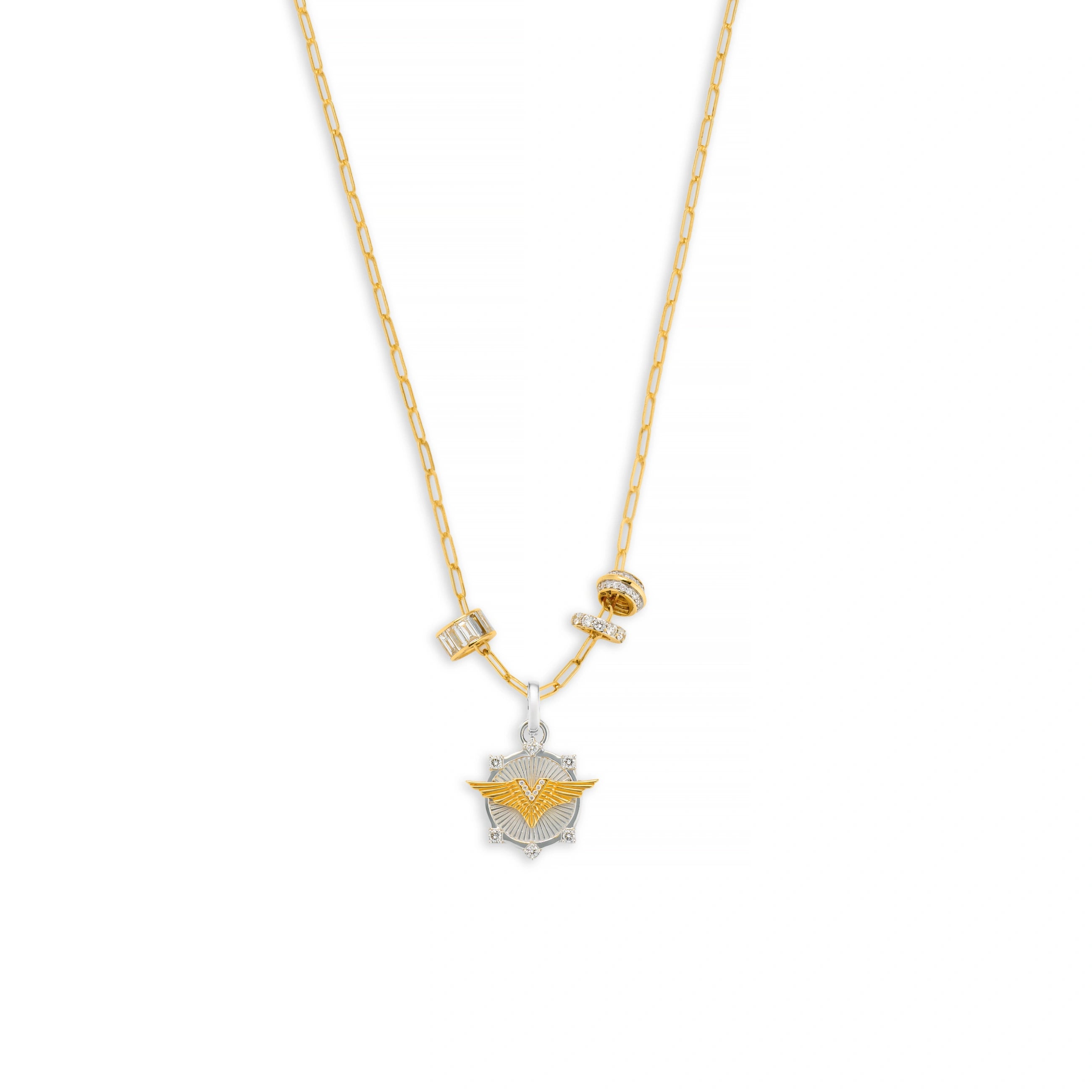 Foundrae Vivacity | Wings and Heart Beats Fine Clip Necklace | Diamonds, Mixed Gold