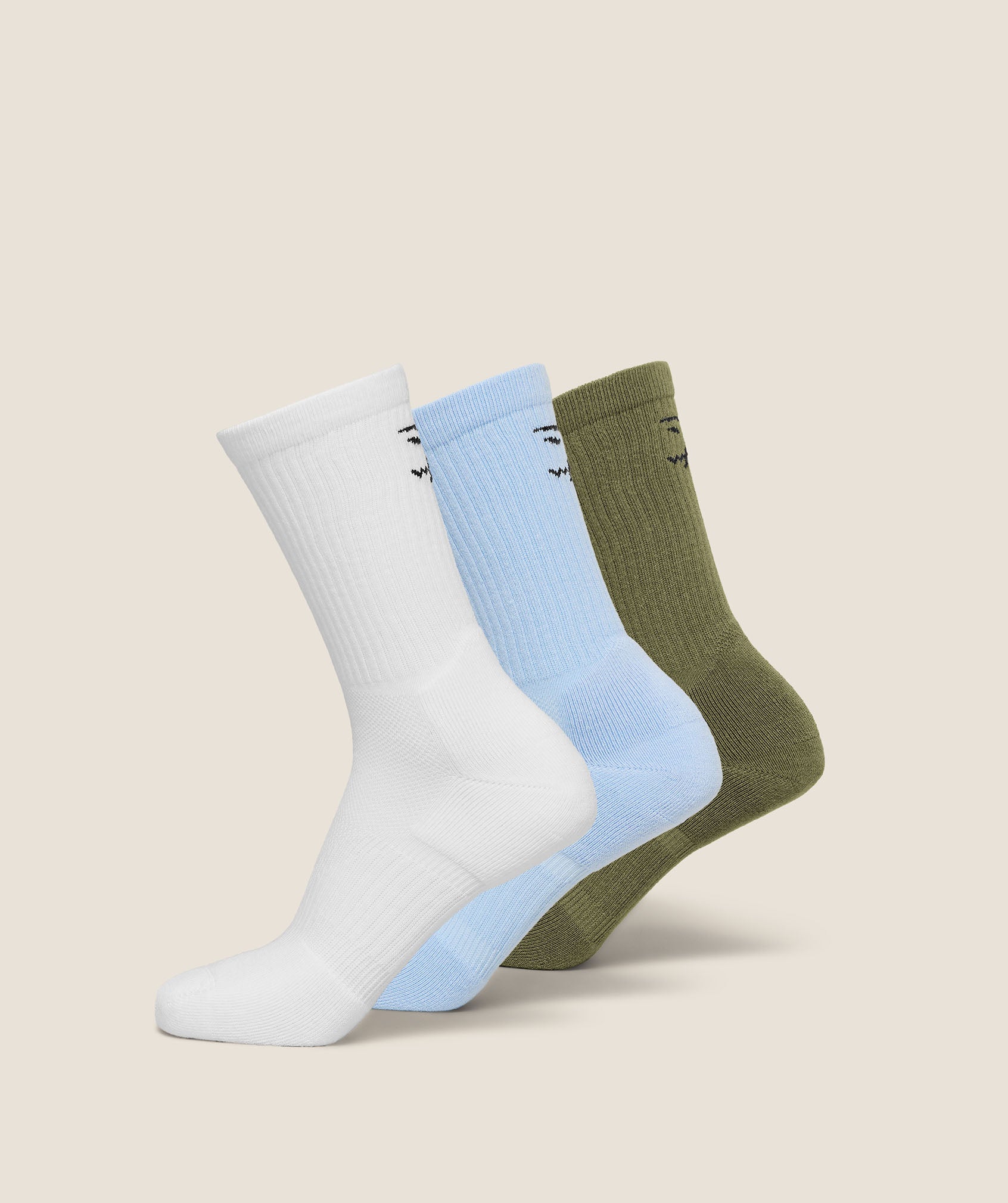 Gymshark Performance Crew Socks 3pk - White/Tranquil Blue/Grounded Green