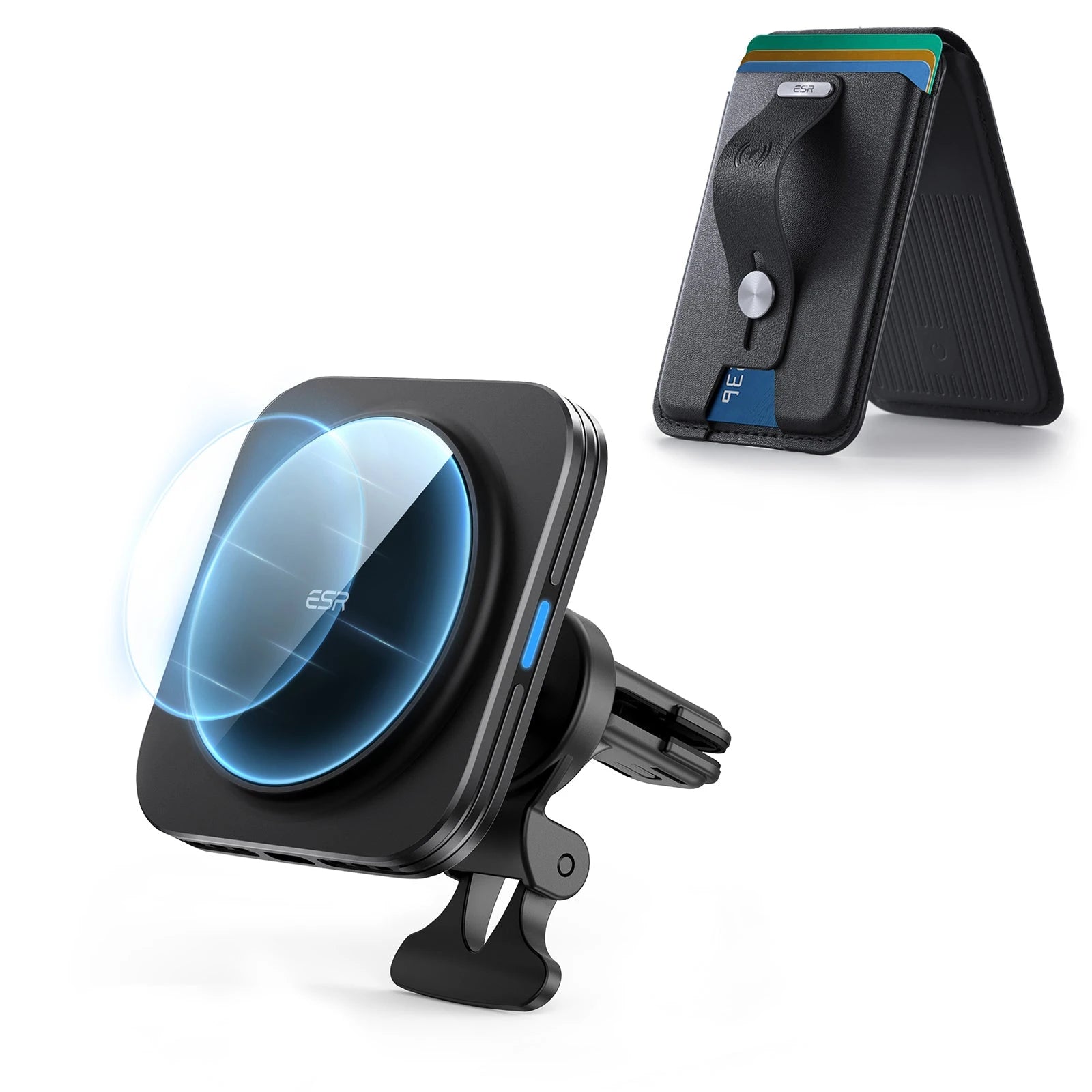ESR Magnetic Wireless Car Charger and Geo Wallet Stand Bundle-Black