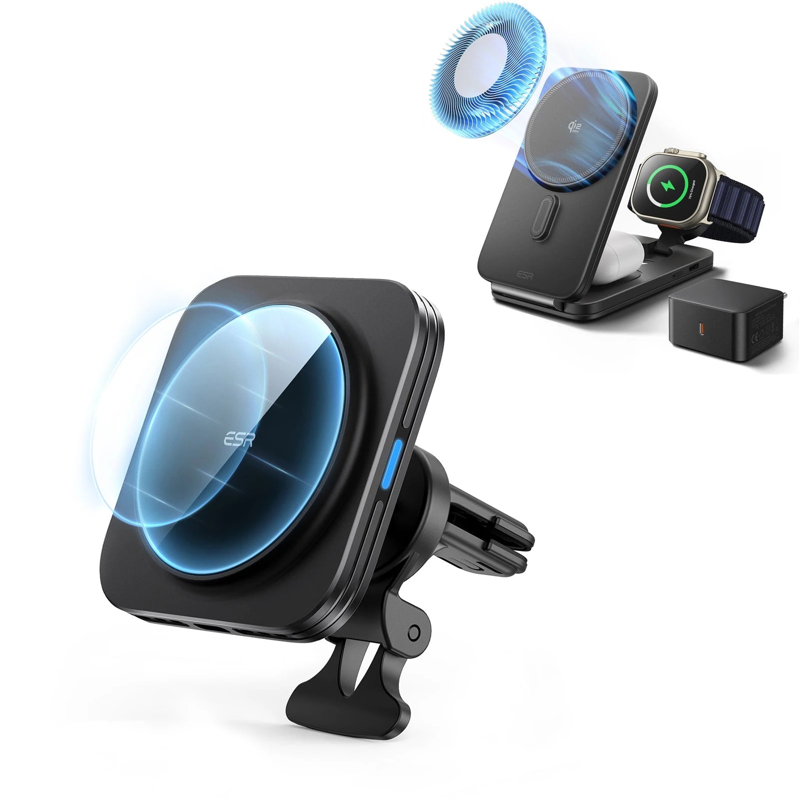 ESR Magnetic Wireless Car Charger and 25W CryoBoost Foldable 3-in-1 Charger Bundle - EU Plug–B