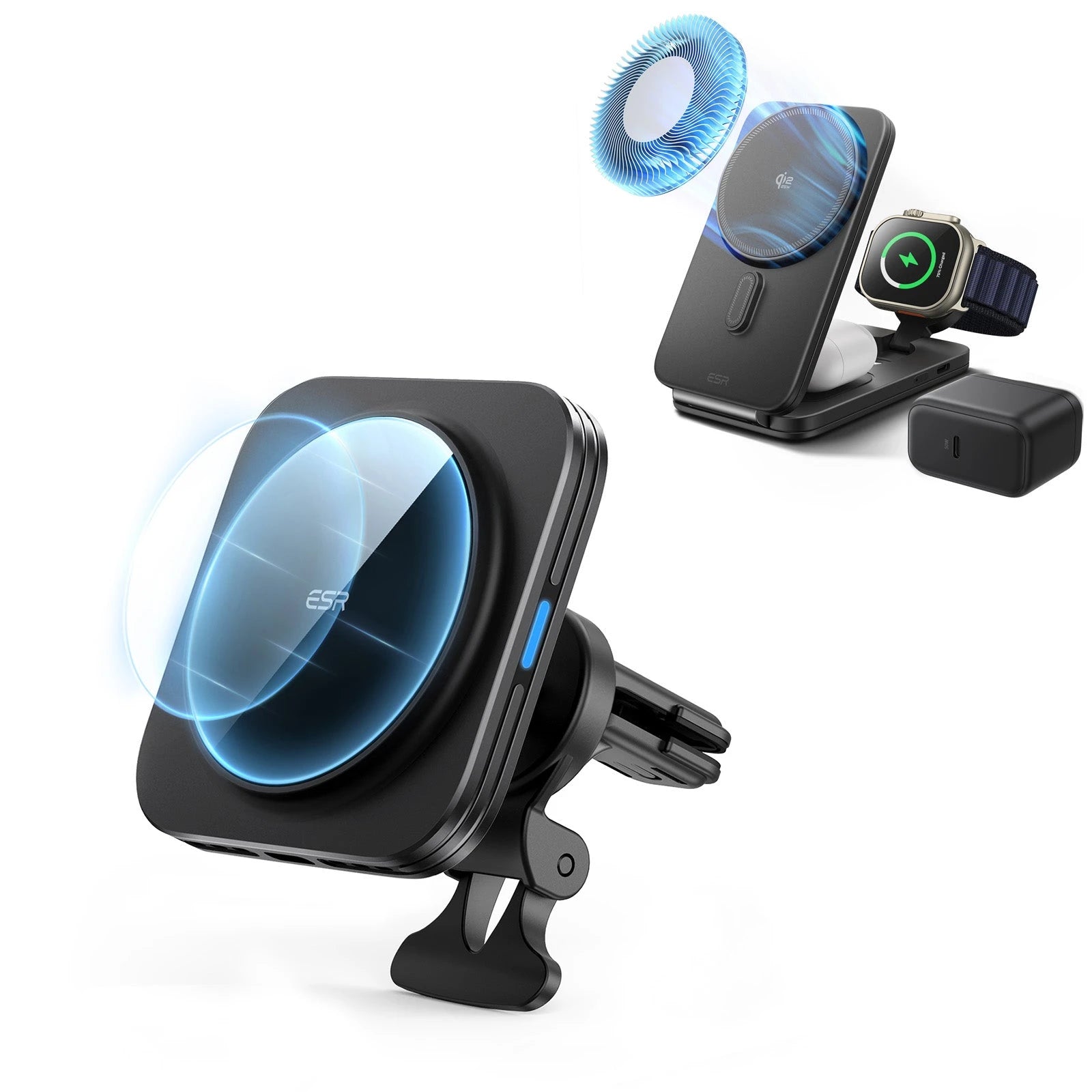 ESR Magnetic Wireless Car Charger and 25W CryoBoost Foldable 3-in-1 Charger Bundle - US Plug–B