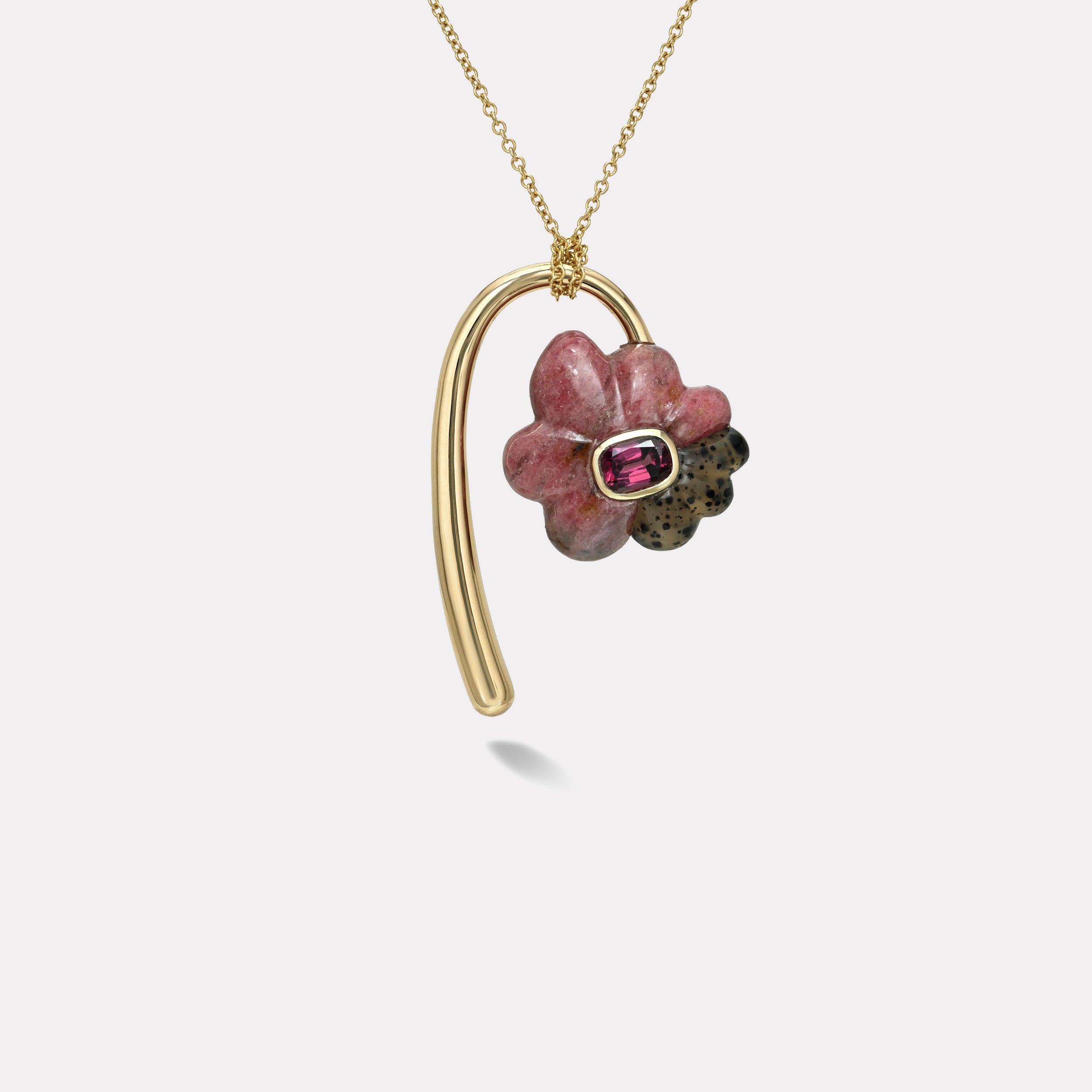 Retrouvai Large Bond Flower with a 2.43ct Cushion Rhodolite Garnet in Rhodonite and Dendrite