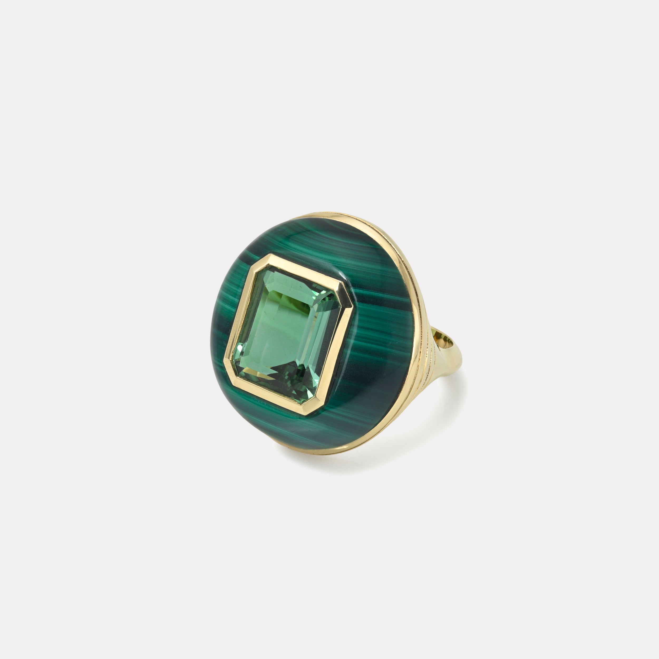 Retrouvai 7.94ct Emerald Cut Green Tourmaline in Malachite Classic Lollipop Ring