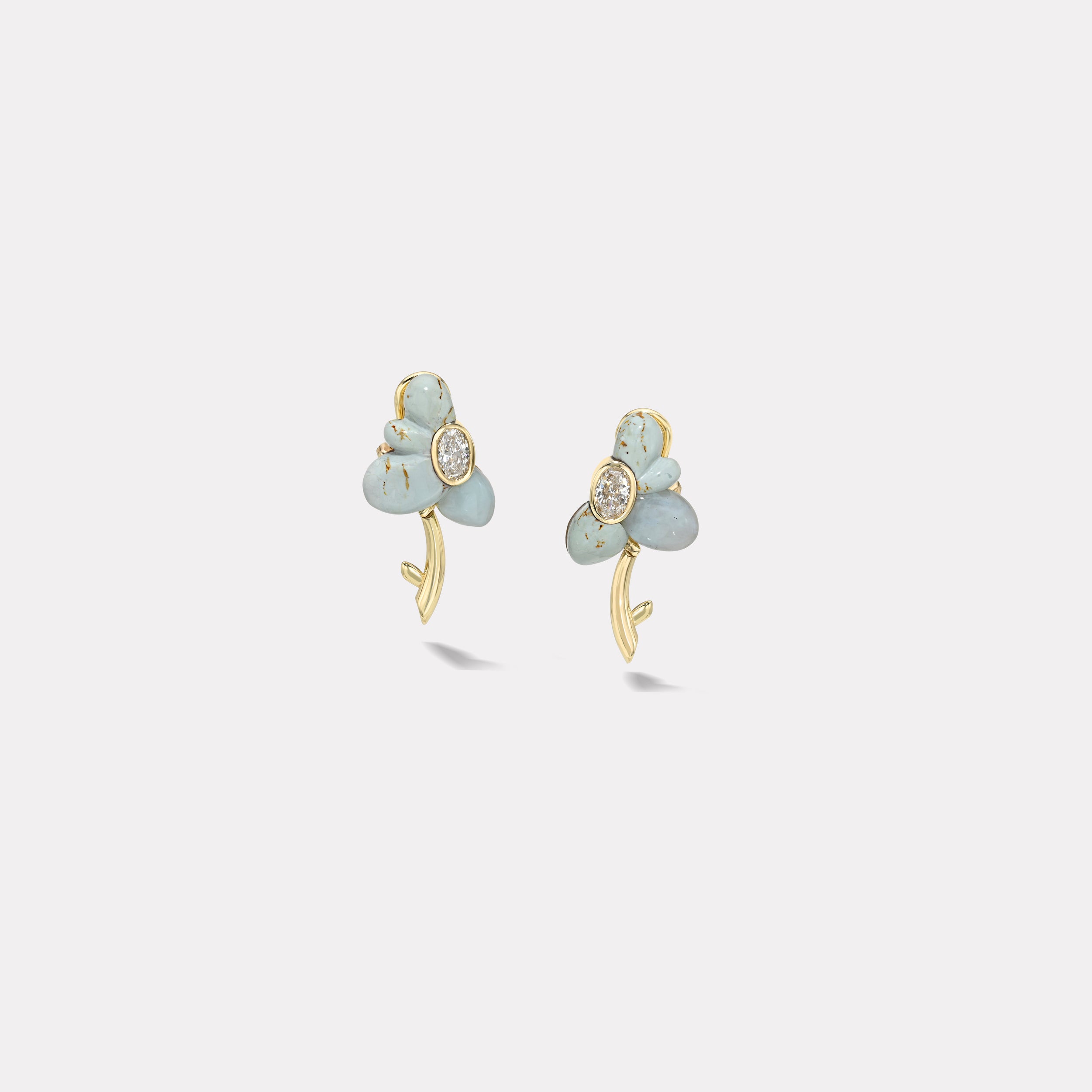 Retrouvai 1ct Oval Brilliant Diamonds in Hand Carved Turquoise and Peruvian Opal Flower Earrings