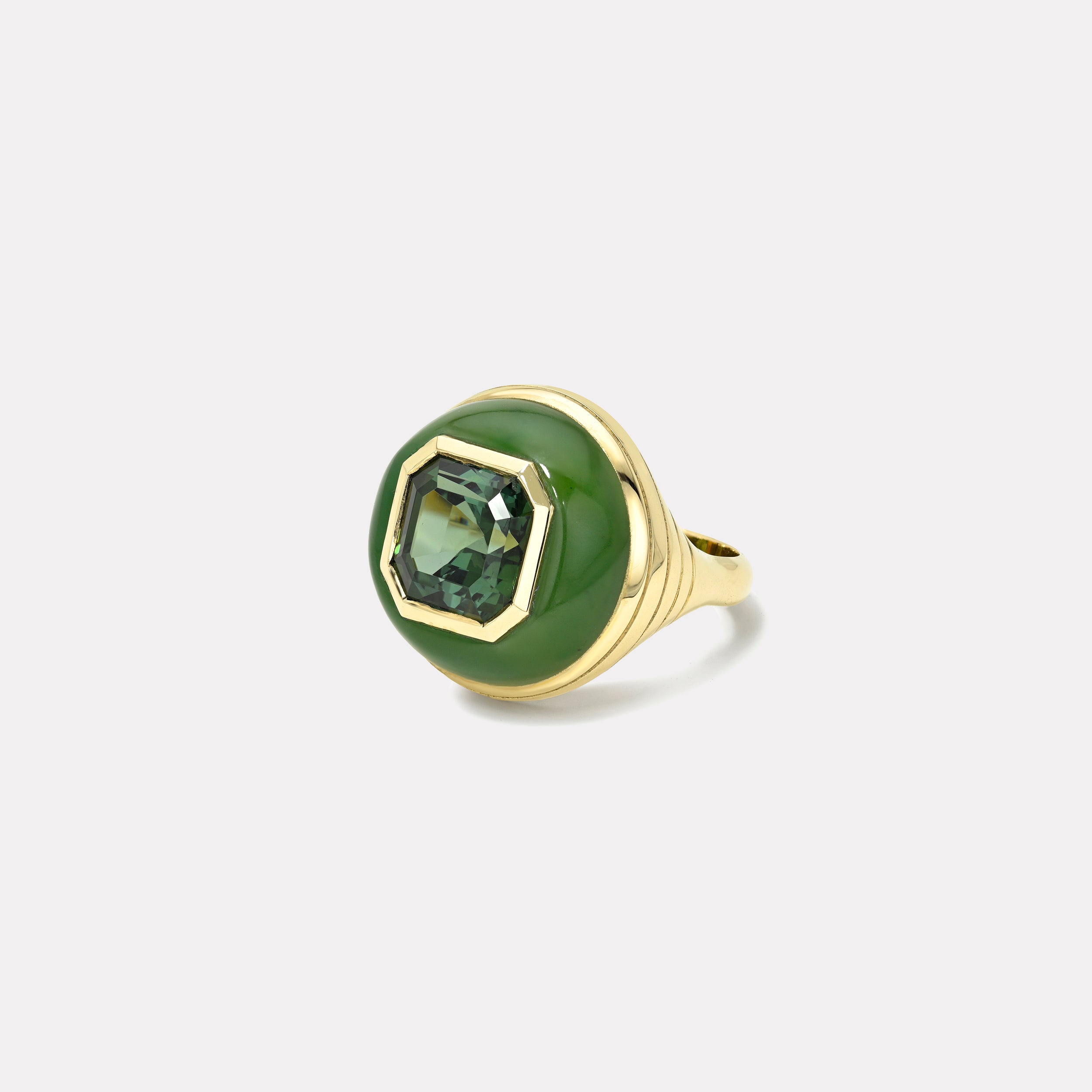Retrouvai 4.58ct Asscher Green Tourmaline in Nephrite Jade Petite Lollipop Ring