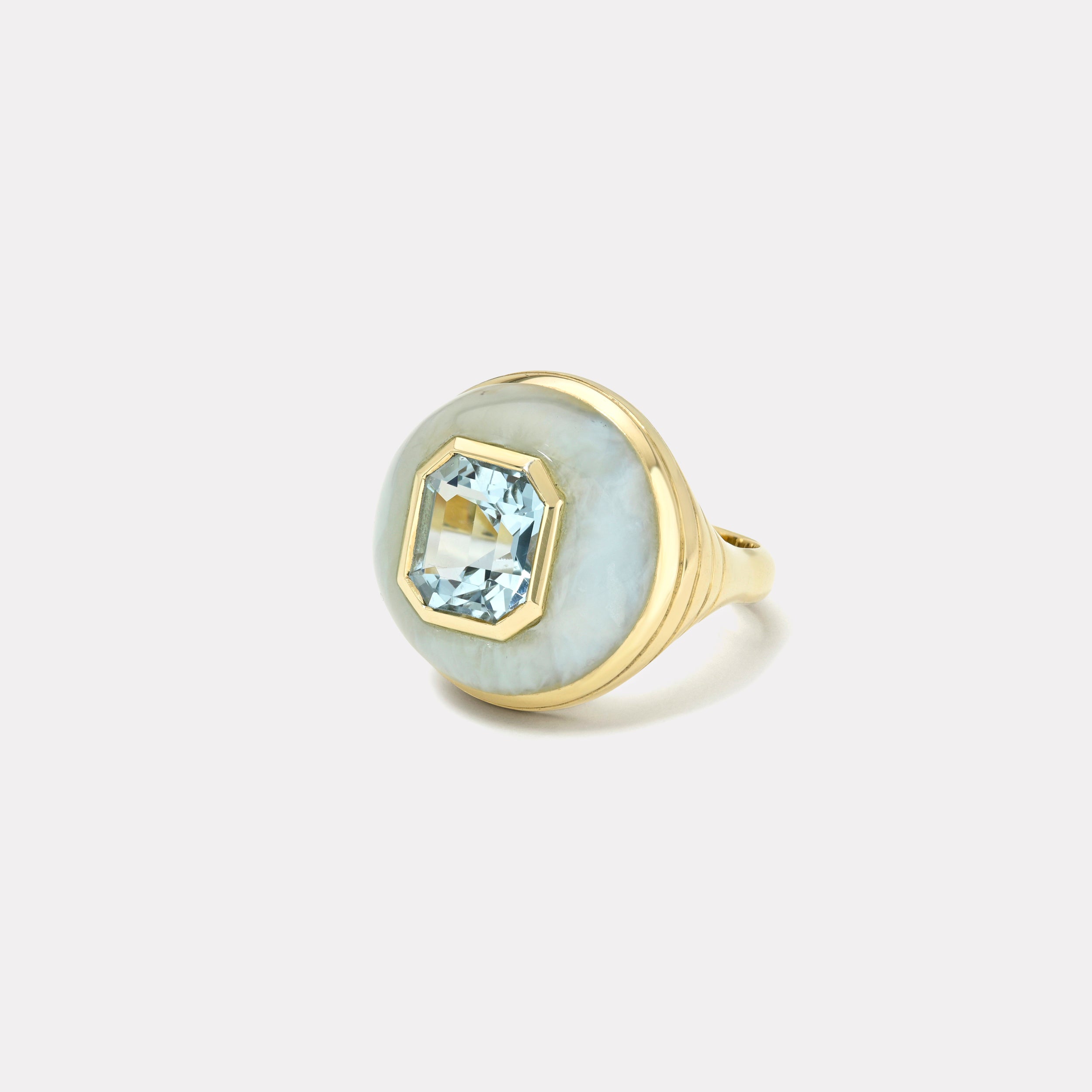 Retrouvai 2.54ct Emerald Cut Aquamarine in Peruvian Opal Petite Lollipop Ring