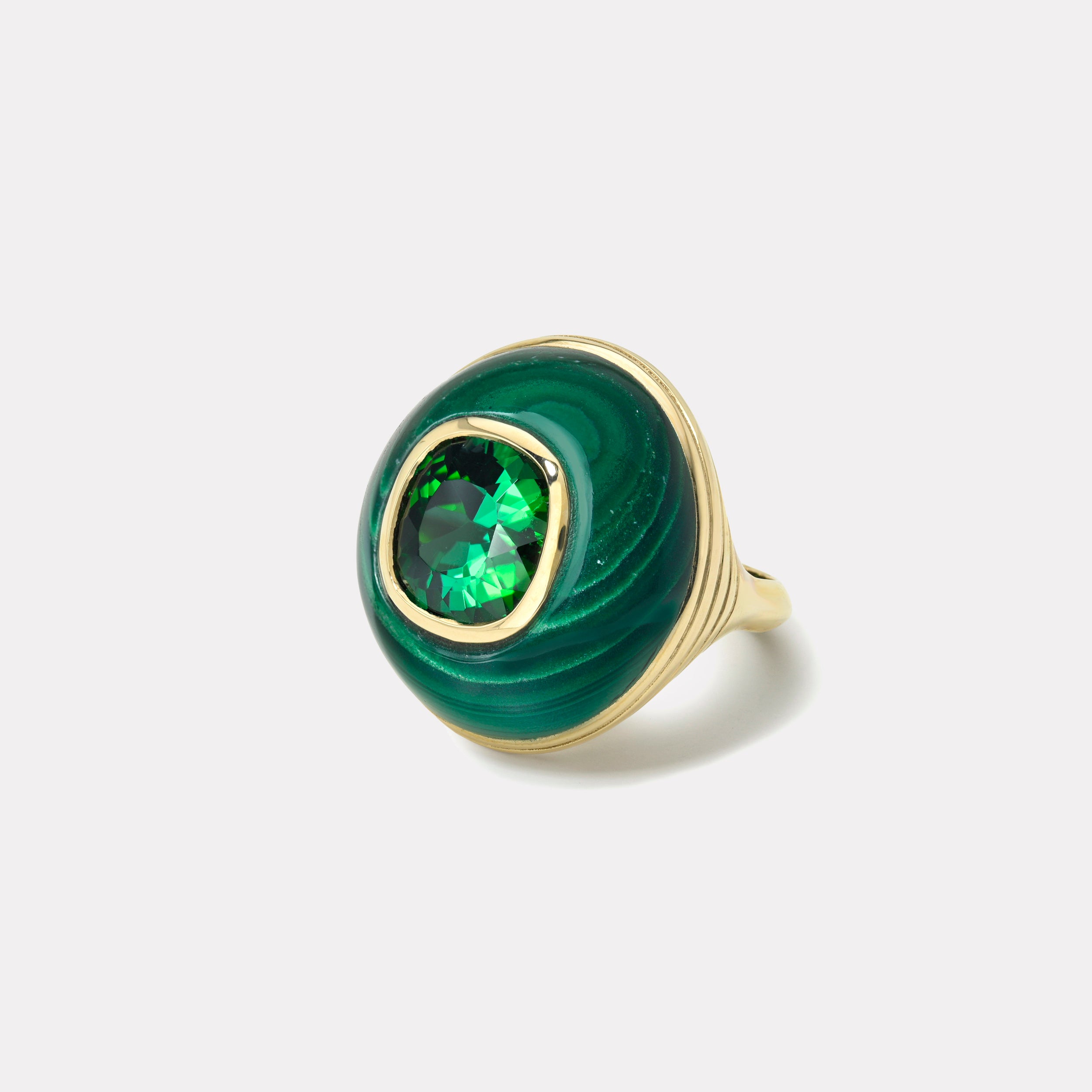 Retrouvai 6.26ct Cushion Lagoon Green Tourmaline in Malachite Classic Lollipop Ring