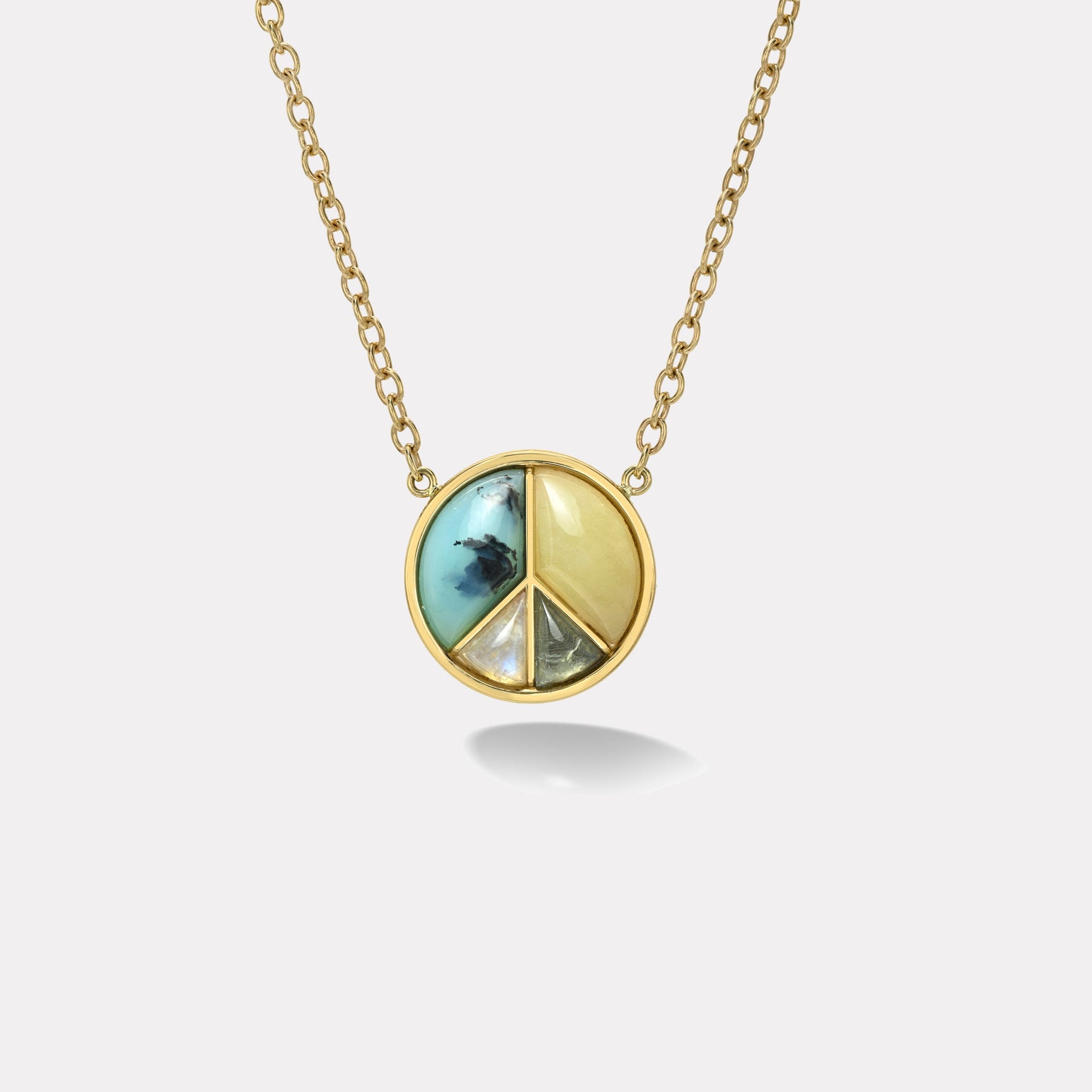 Retrouvai Large Peace Sign Pendant with Peruvian Opal, Yellow Aquamarine, Grey Tourmaline, and Moons