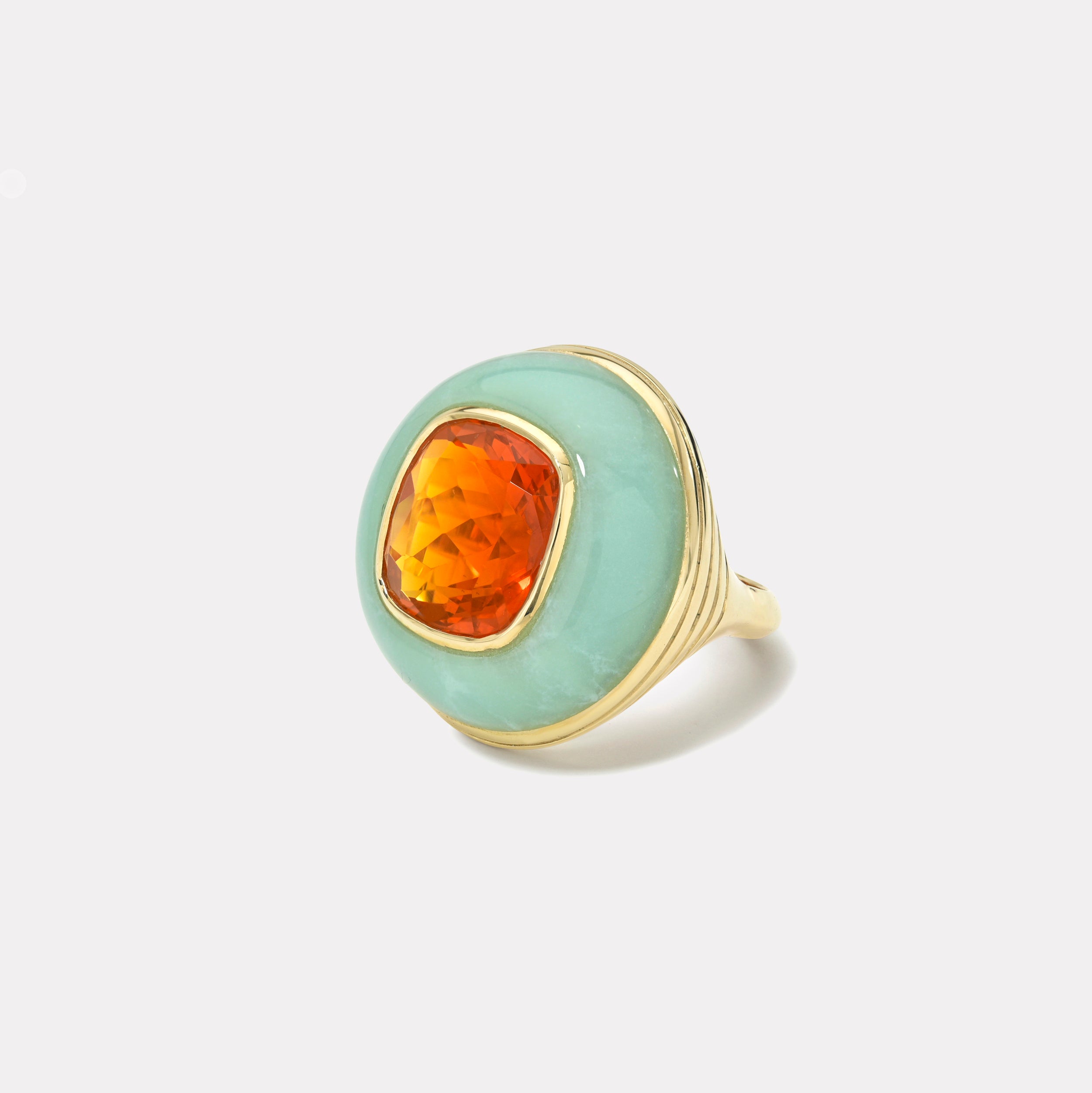 Retrouvai 5.49ct Cushion Fire Opal in Chrysoprase Classic Lollipop Ring