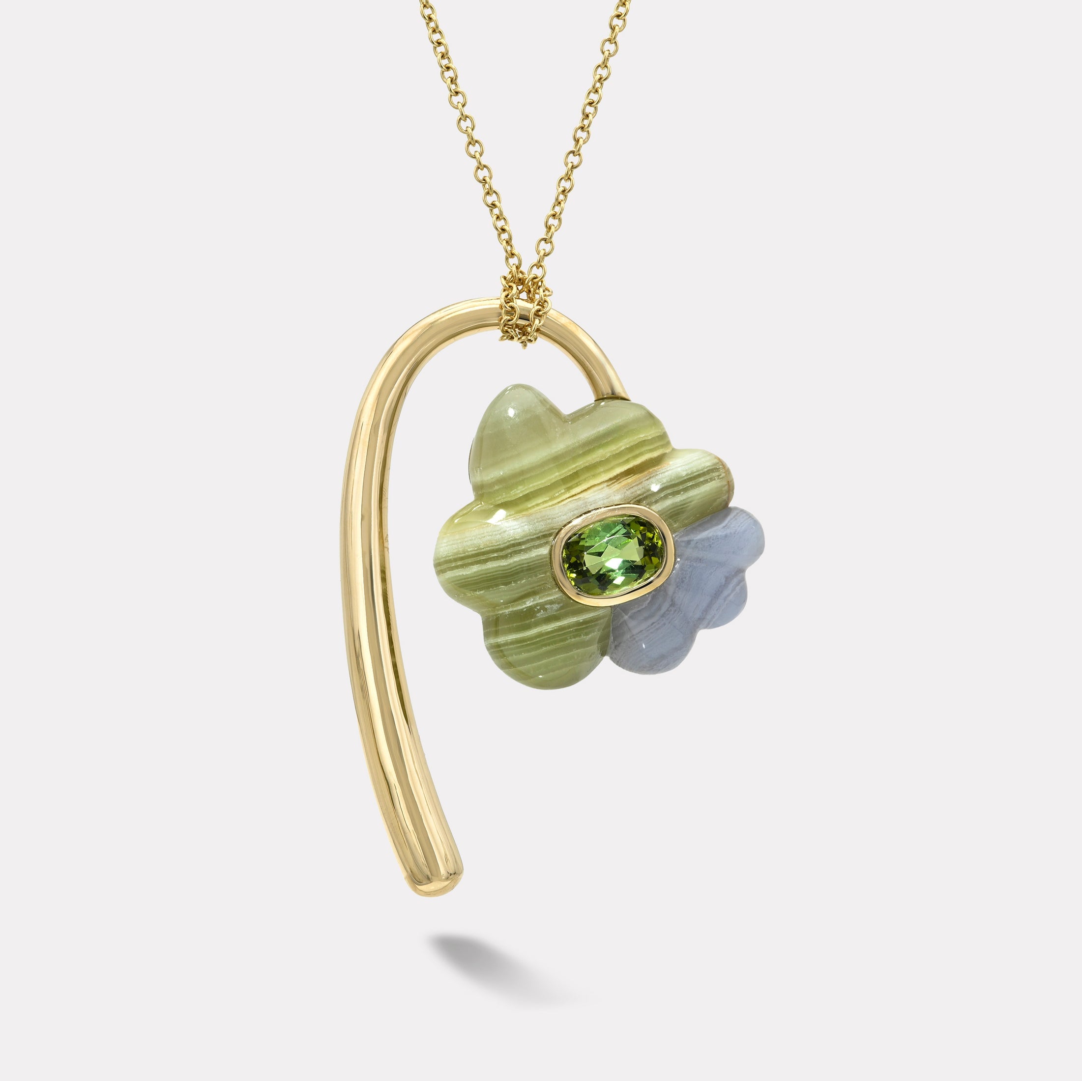 Retrouvai Large Flora Pendant with a 2.77ct Oval Green Tourmaline in Green Onyx and Blue Lace Agate