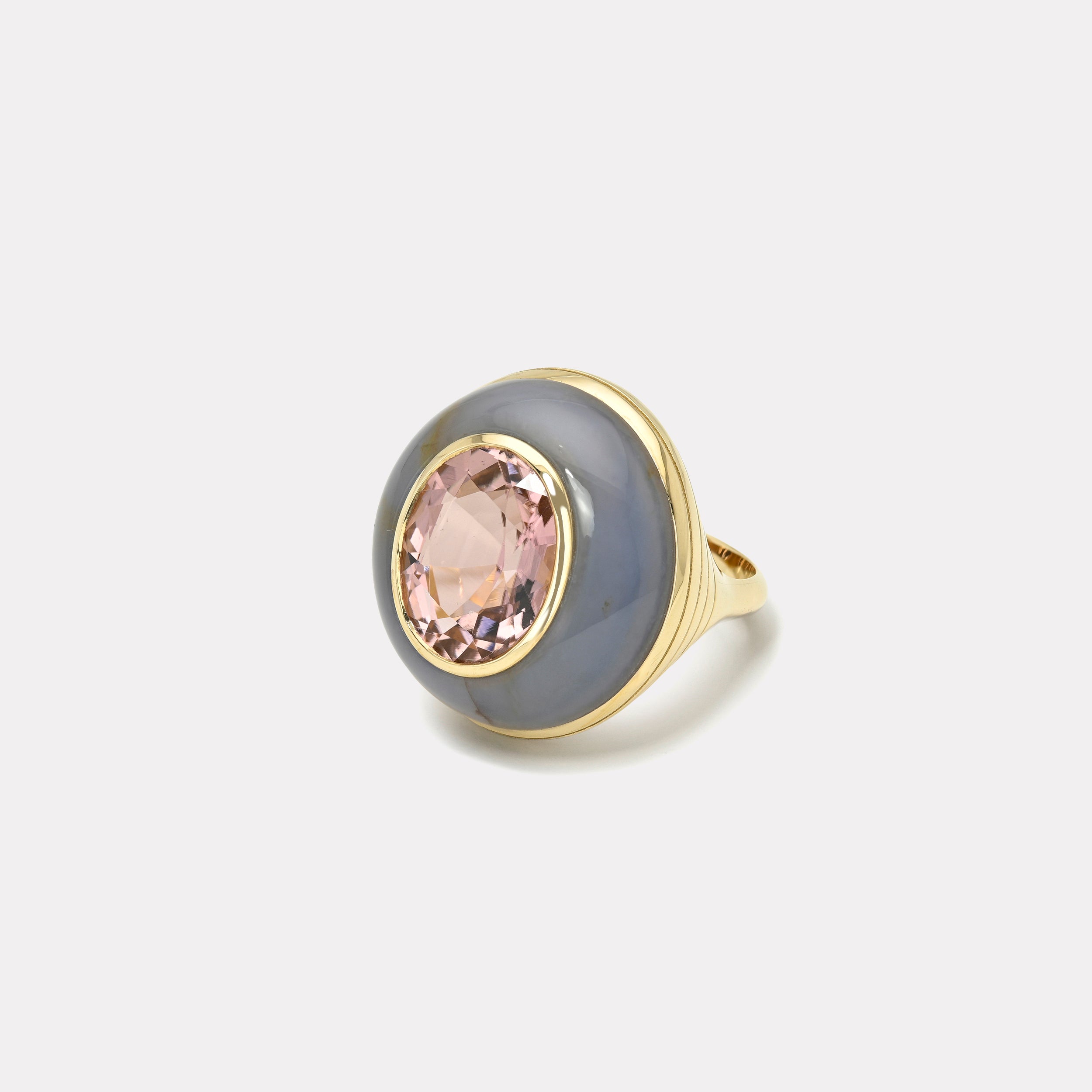Retrouvai 7.70ct Oval Pink Tourmaline in Blue Chalcedony Classic Lollipop Ring