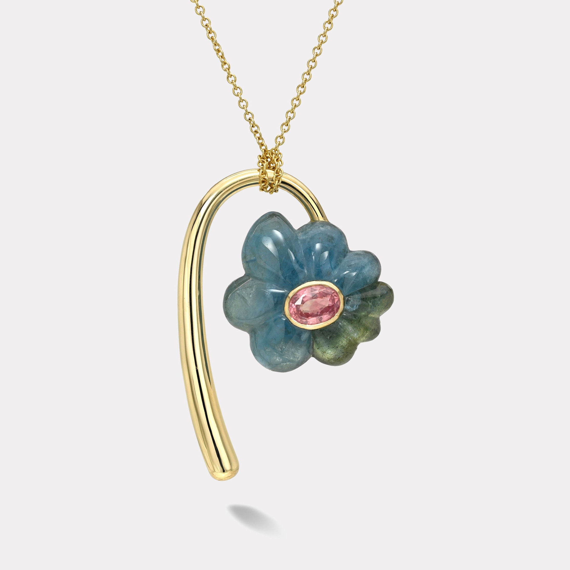 Retrouvai Large Flora Pendant with a 2.6ct Oval Padparadscha Sapphire in Blue Aquamarine and Moss Aq