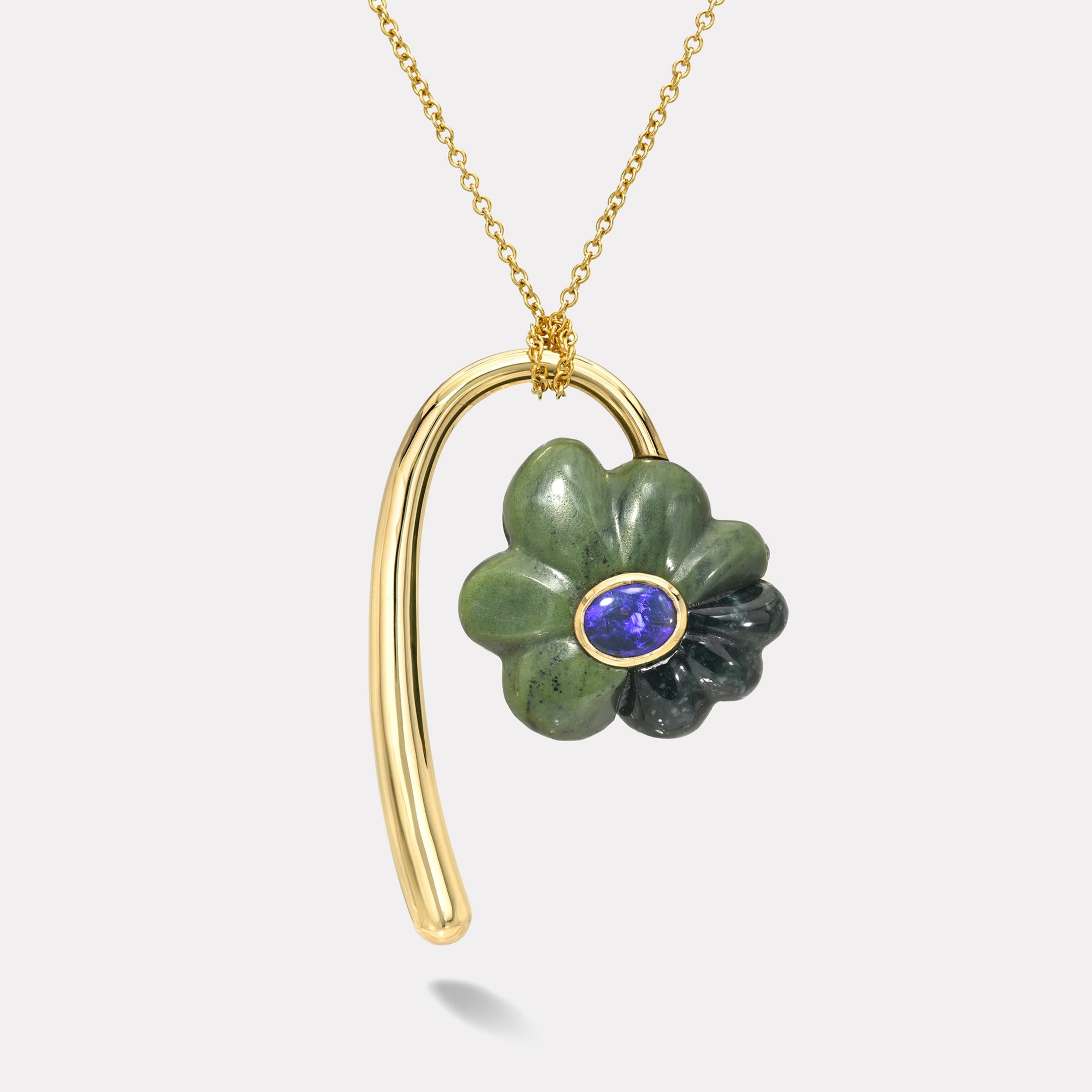 Retrouvai Large Flora Pendant with a 1.51ct Oval Australian Opal in Green Opal and Spotted Jade