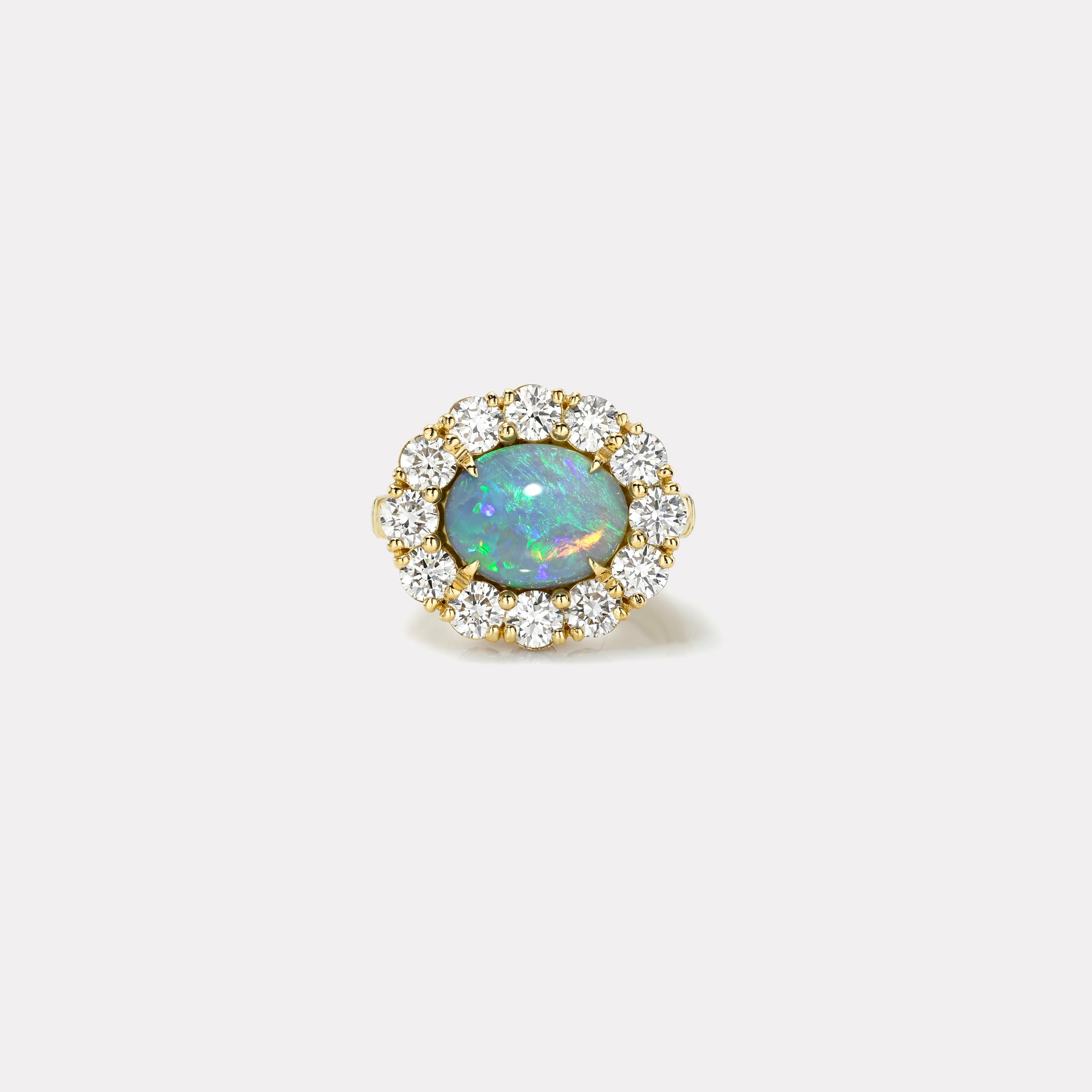 Retrouvai 1.8ct Cabochon Round Australian Opal Diamond Heirloom Bezel Ring