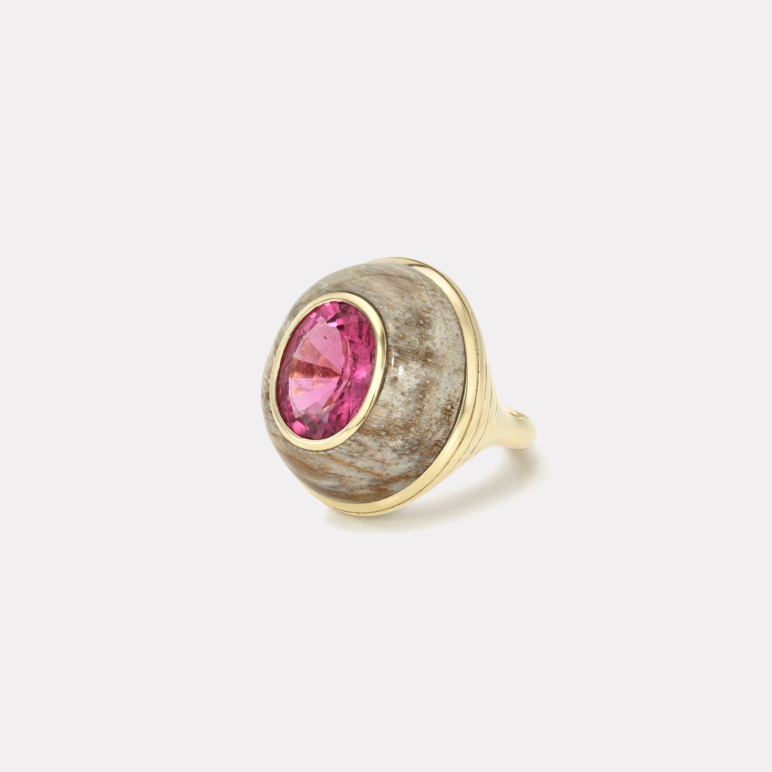 Retrouvai 5.68ct Oval Rubellite in Petrified Wood Classic Lollipop Ring