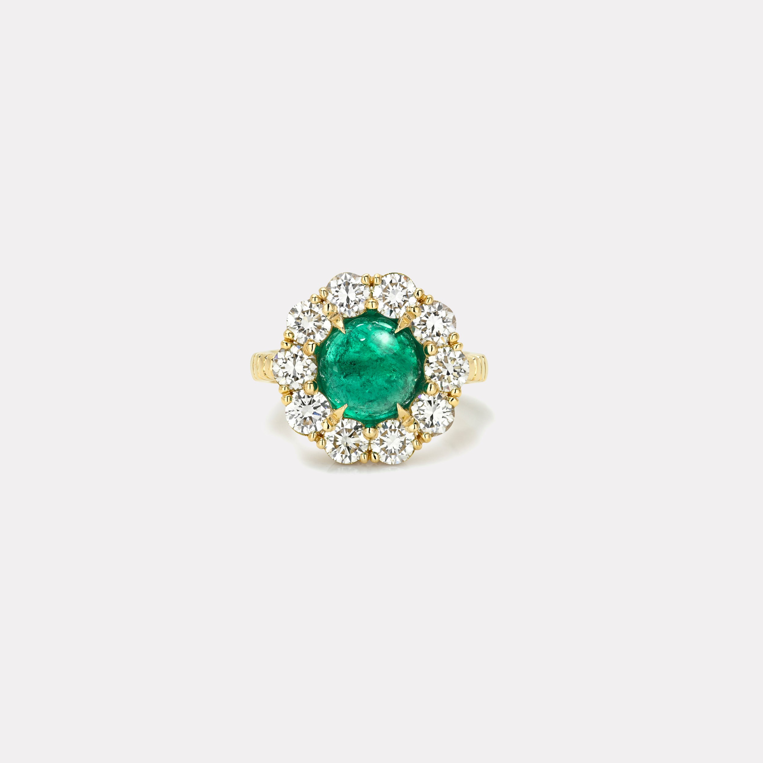 Retrouvai 2.92ct Cabochon Round Emerald Diamond Heirloom Bezel Ring
