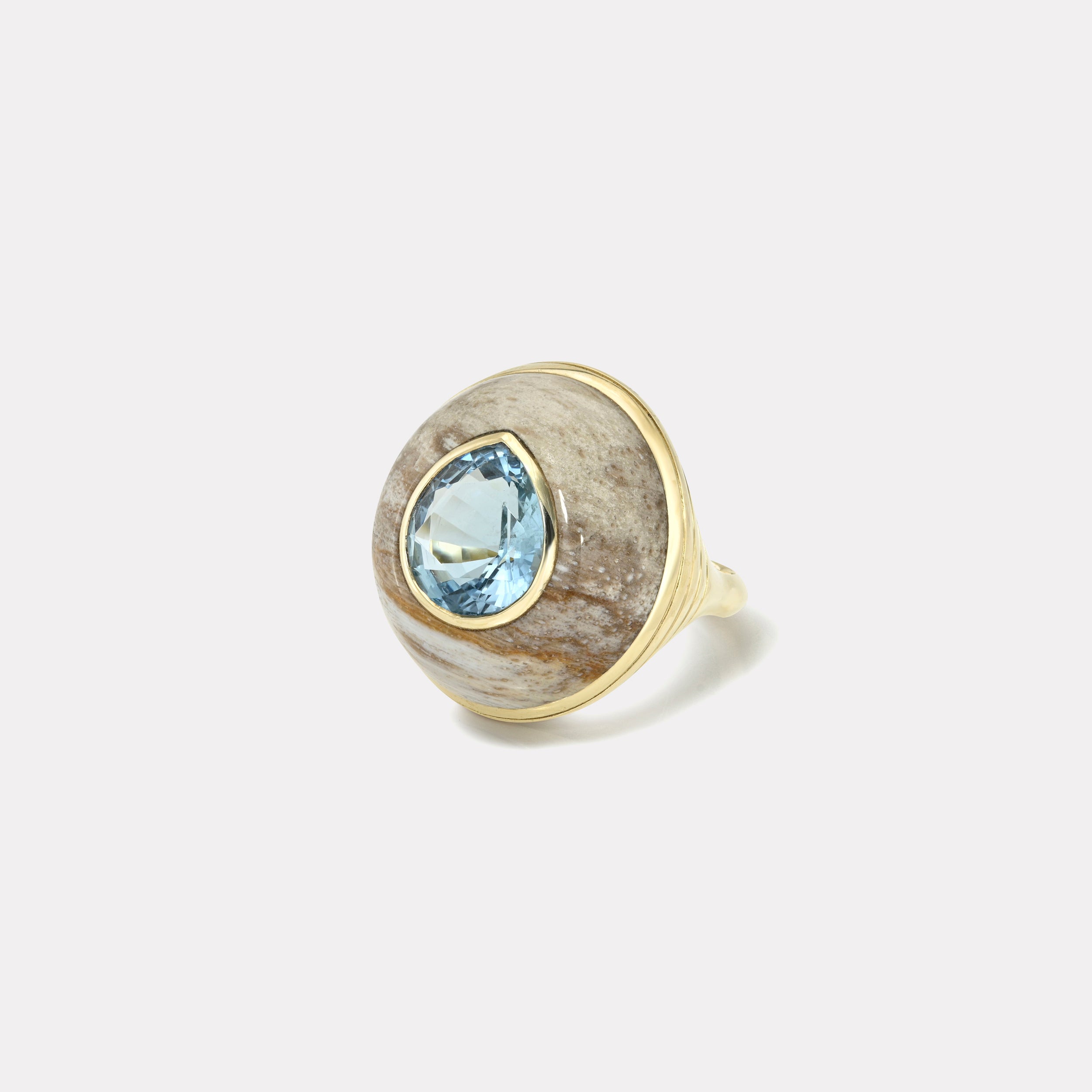 Retrouvai 4.41ct Pear Aquamarine in Petrified Wood Classic Lollipop Ring