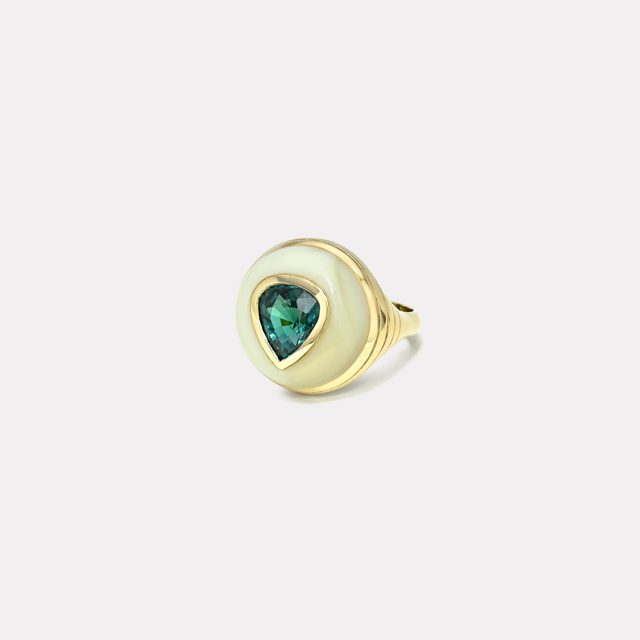Retrouvai 3.15ct Pear Teal Tourmaline in Hand Carved Yellow Opal Petite Lollipop Ring