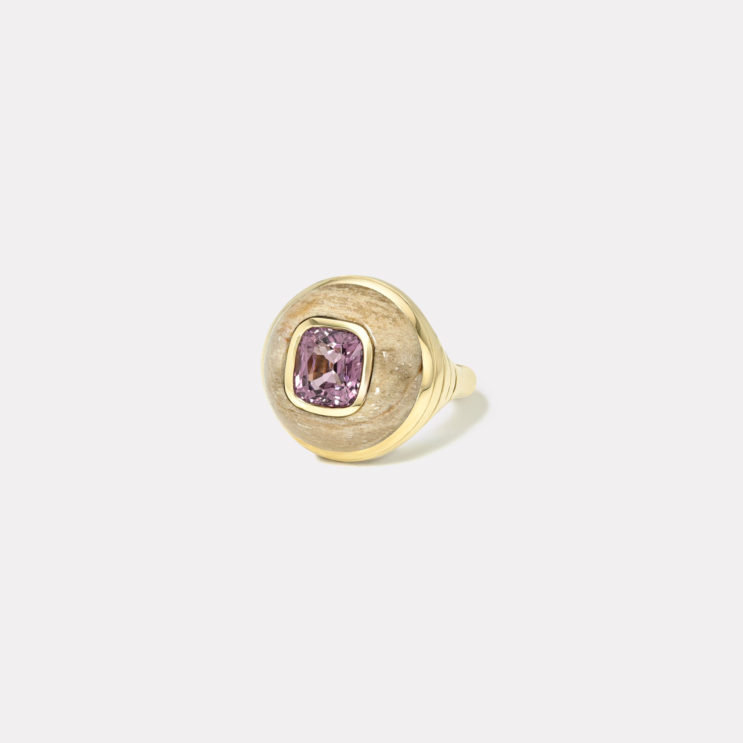 Retrouvai 3.04ct Cushion Spinel in Petrified Wood Petite Lollipop Ring