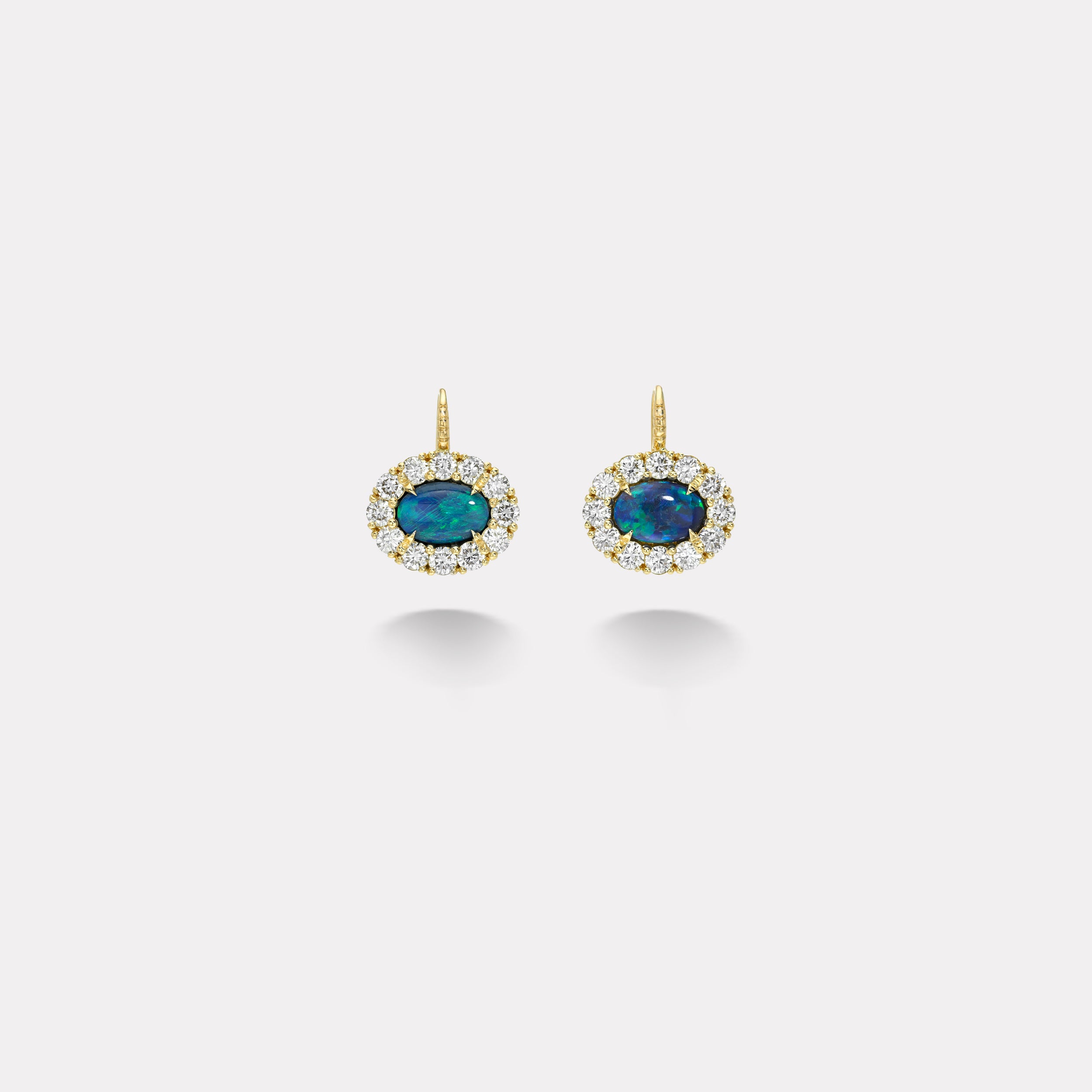 Retrouvai 2.78ct Oval Australian Opals with Diamond Halo Heirloom Bezel Earrings