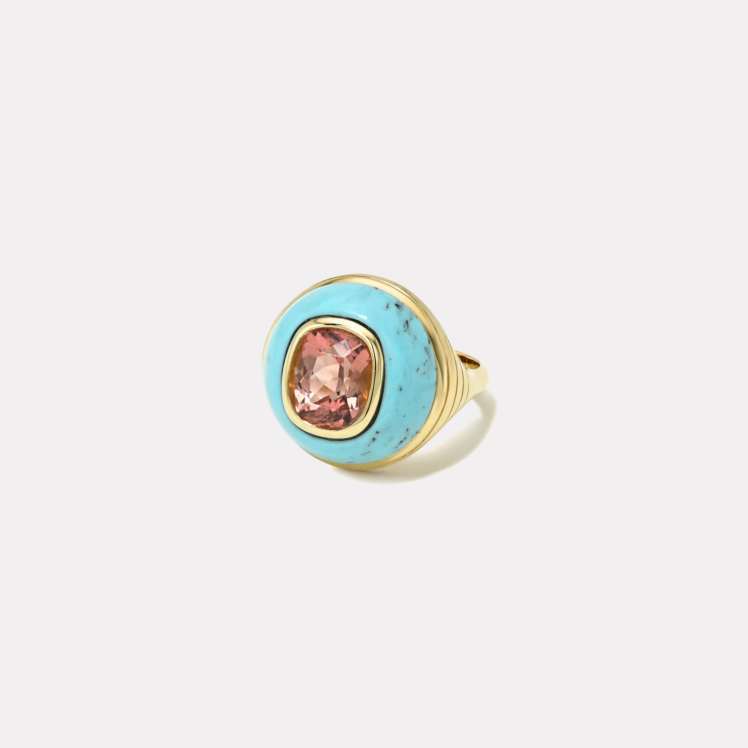 Retrouvai 3.77ct Cushion Pink Tourmaline in Turquoise Petite Lollipop Ring
