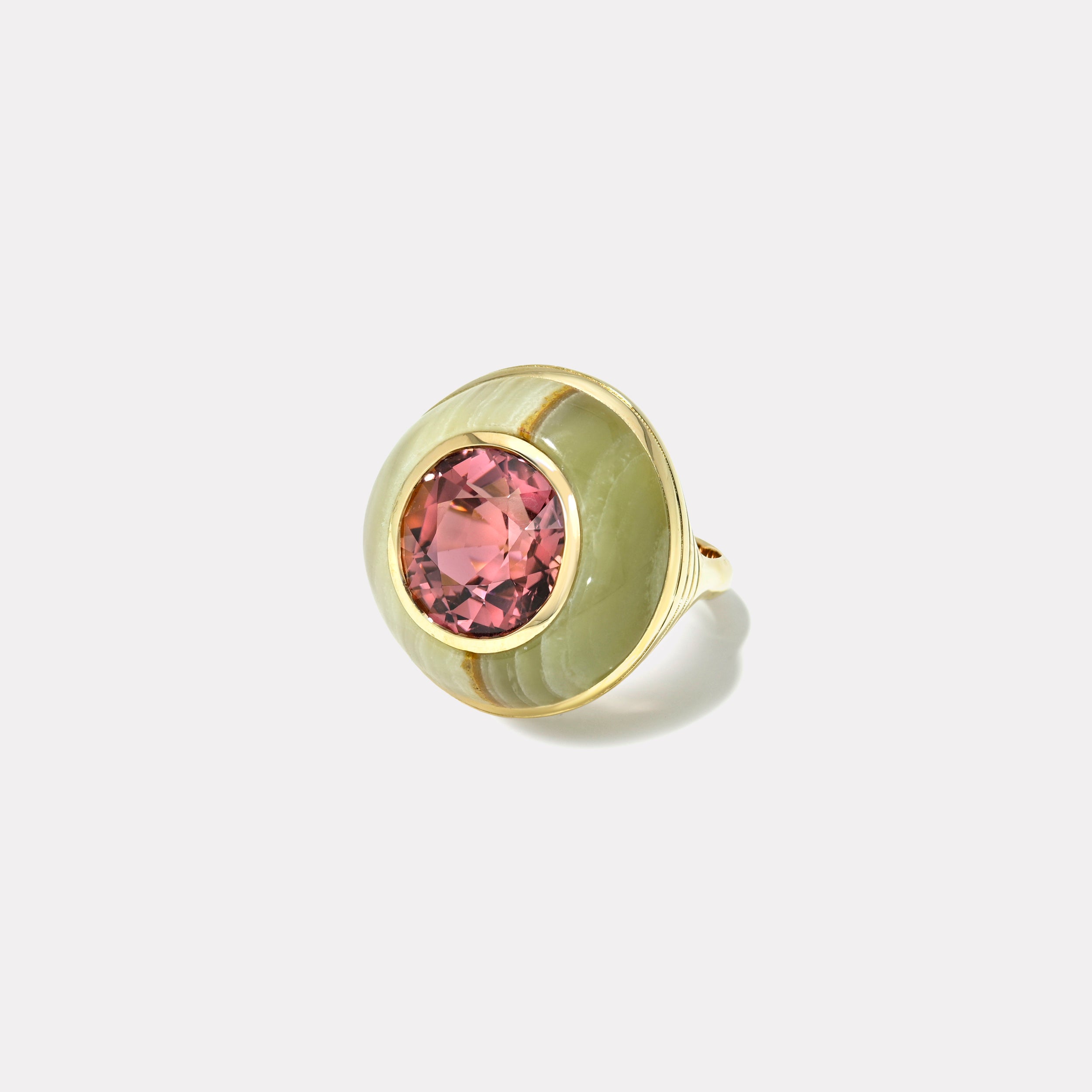 Retrouvai 9.47ct Round Pink Tourmaline in Green Onyx Classic Lollipop Ring