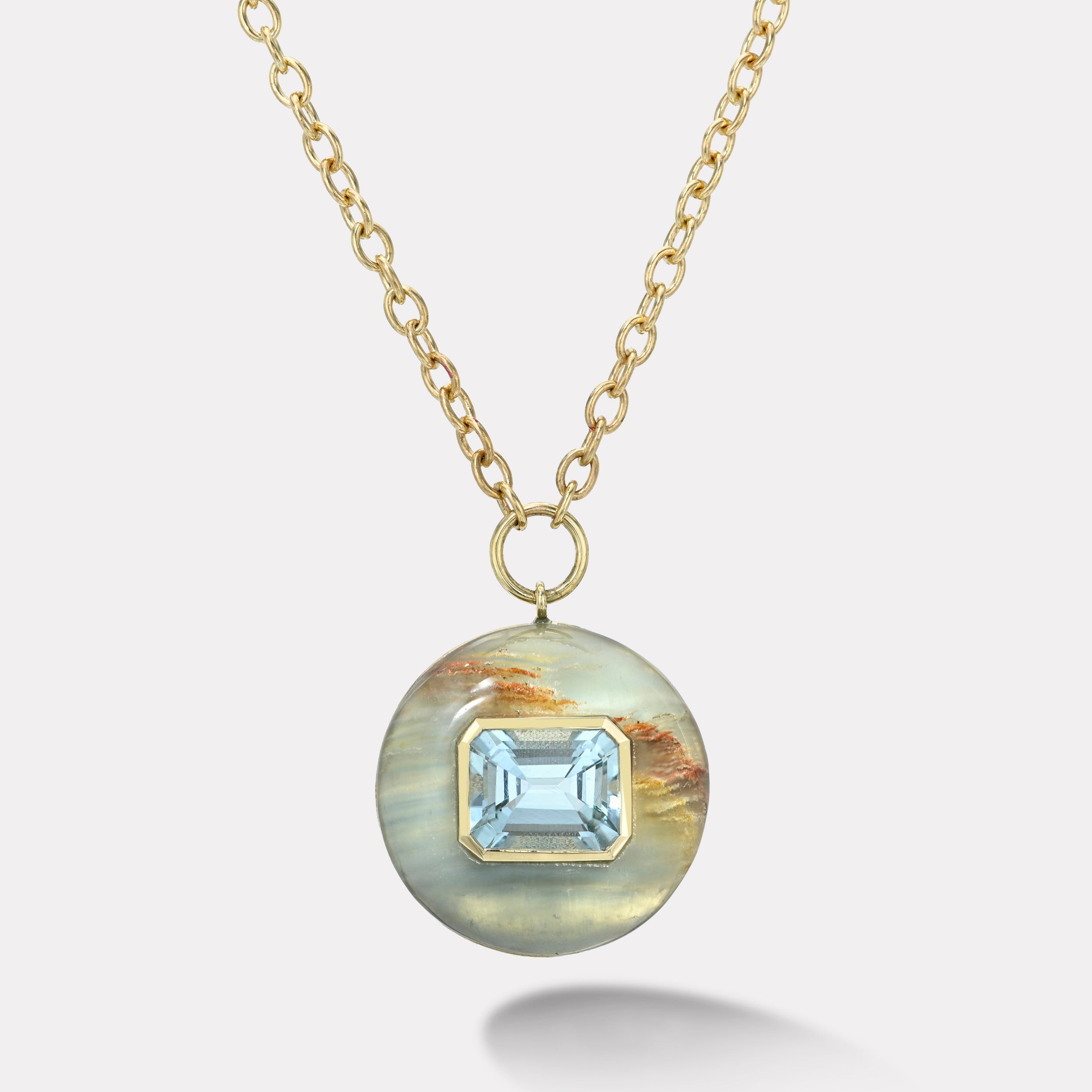 Retrouvai 3.63ct Emerald Cut Aquamarine in Hand Carved Blue Onyx Lollipop Pendant