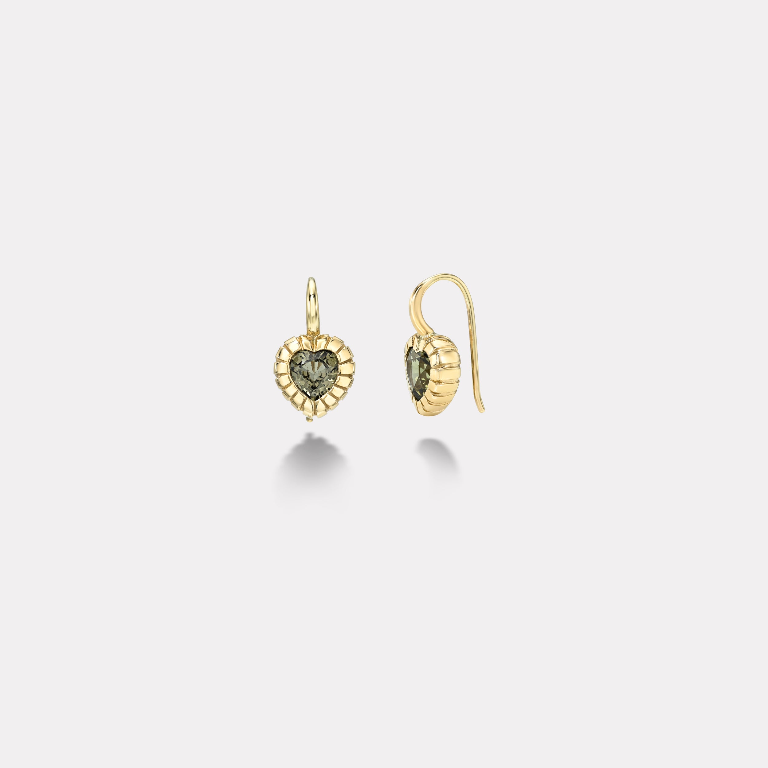 Retrouvai 2.26ct Heart Green Sapphires Heirloom Bezel Earrings