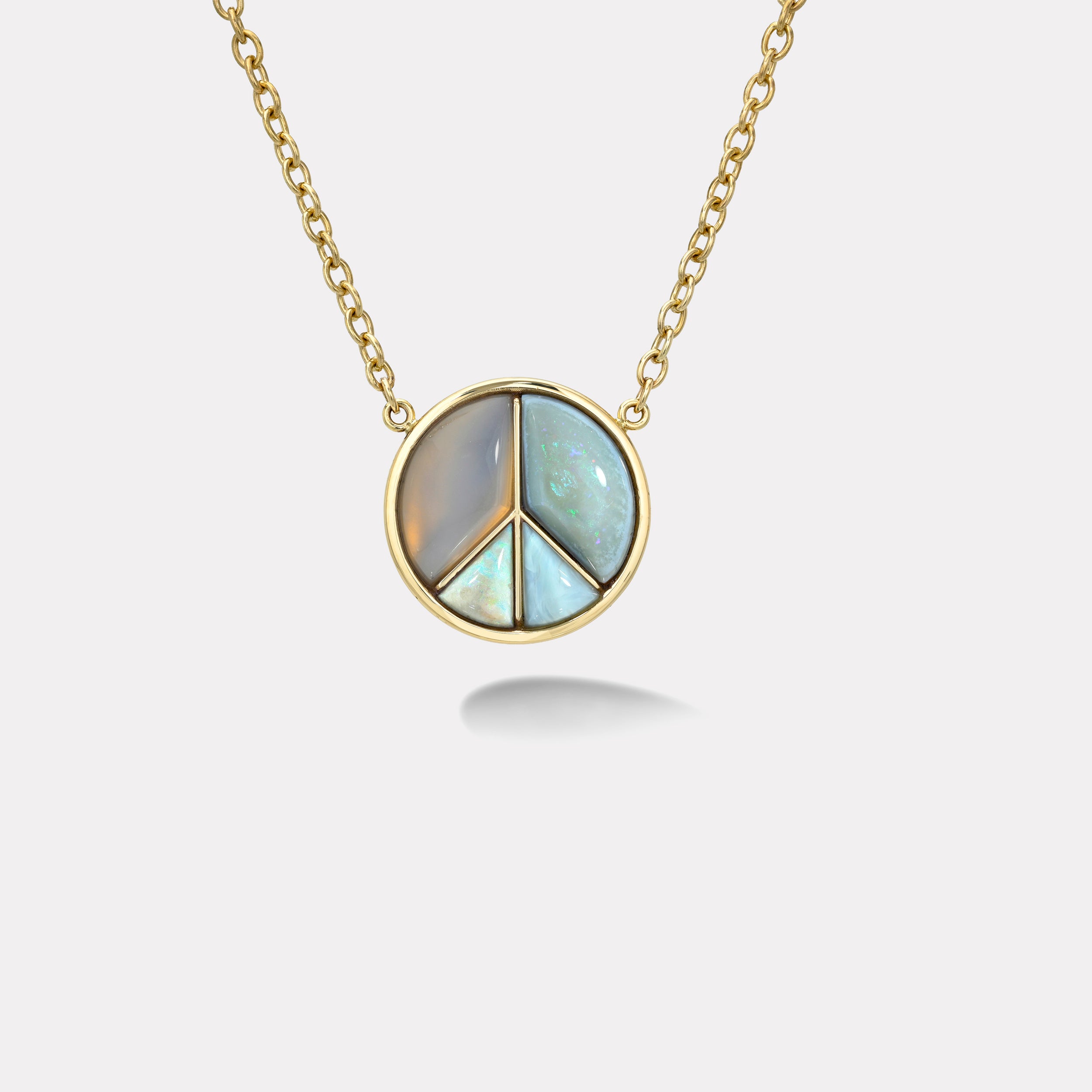 Retrouvai Large Peace Sign Pendant with Blue Chalcedony, Rainbow Opal, Peruvian Opal and Australian