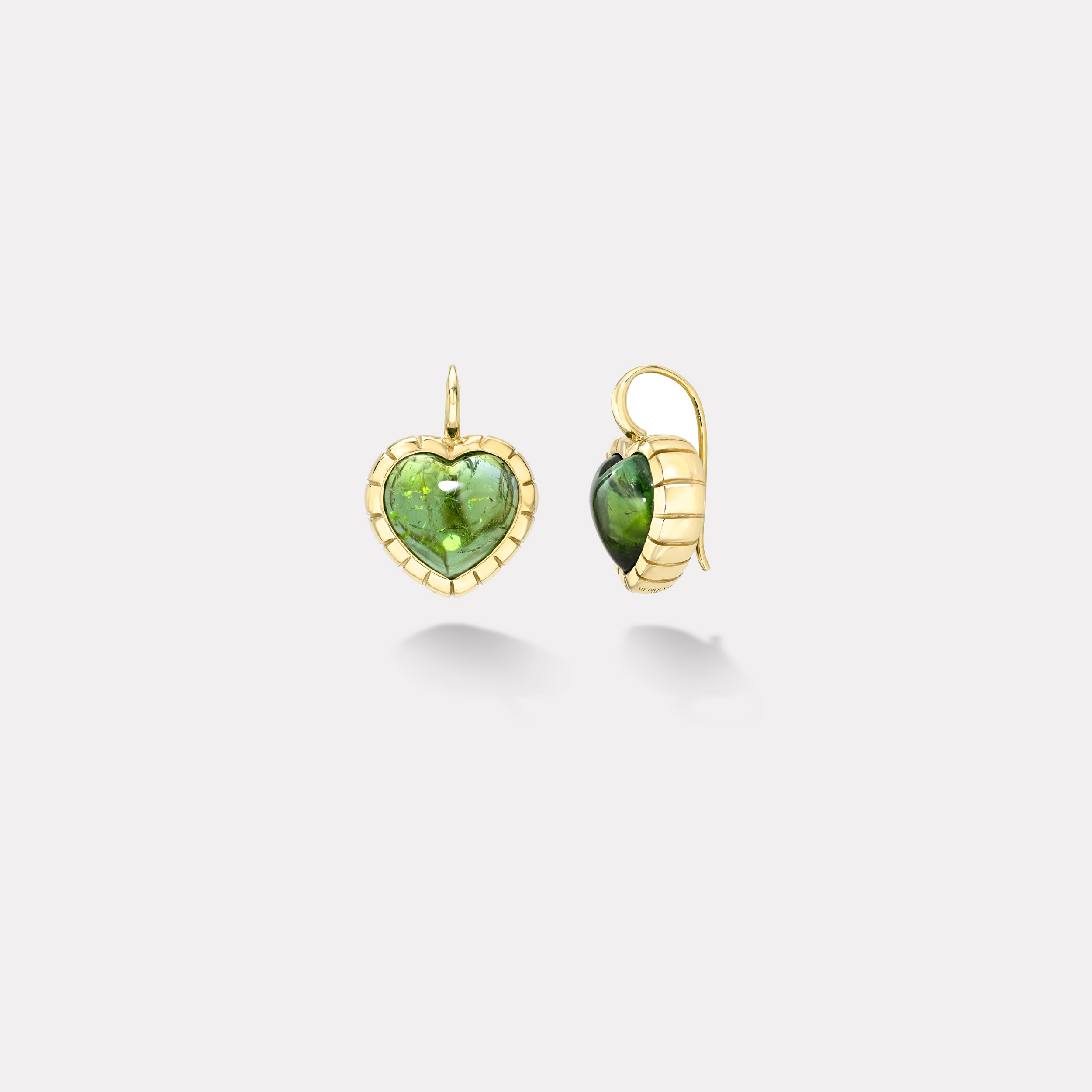 Retrouvai 13.31ct Cabochon Heart Green Tourmalines Heirloom Bezel Earrings