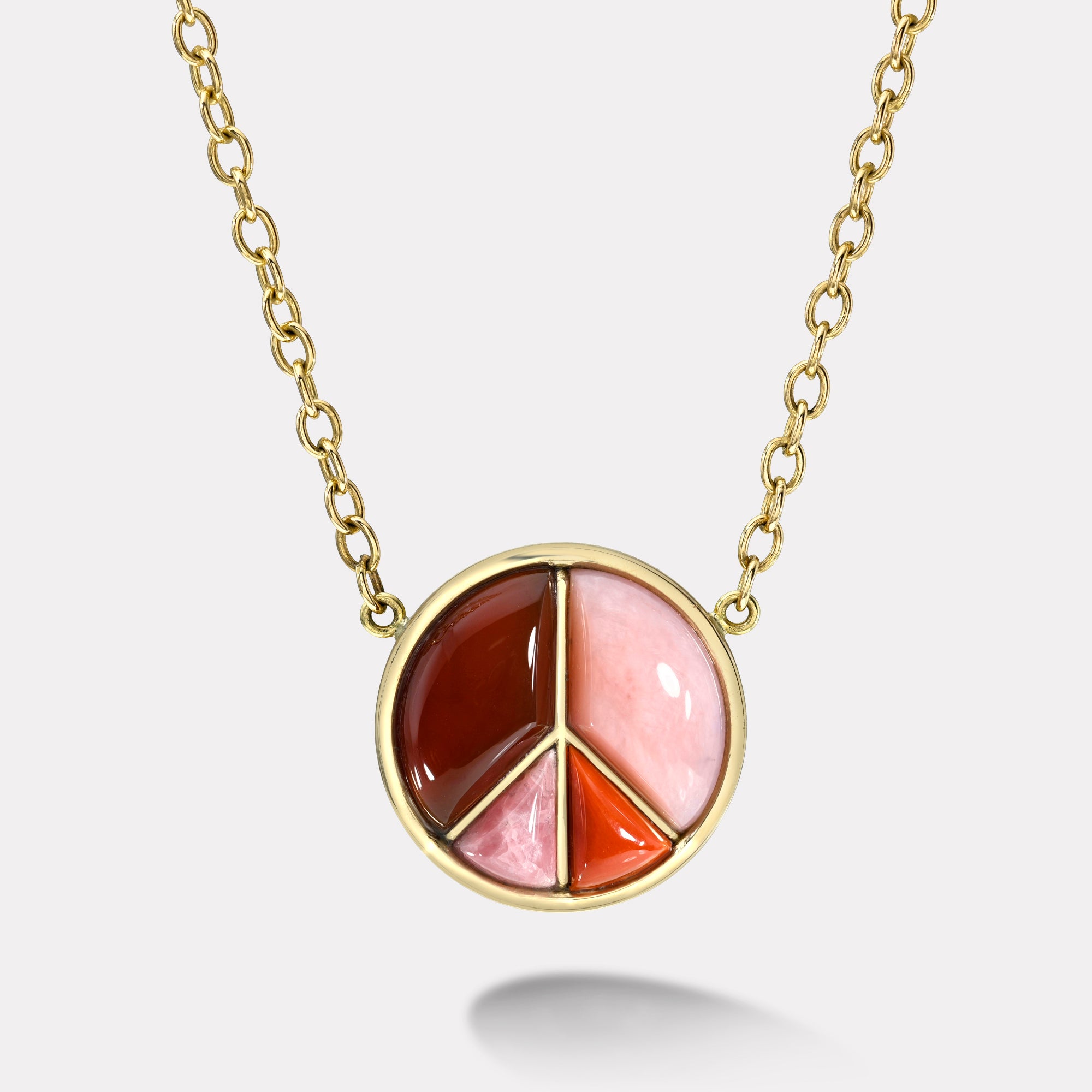 Retrouvai Large Peace Sign Pendant with Carnelian, Pink Opal, Coral, and Rhodochrosite